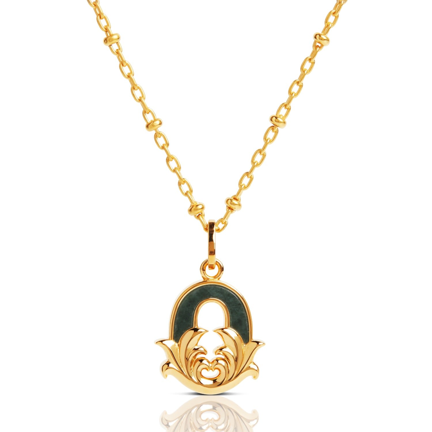 Gold Plated O Initial Necklace With Green Marble
