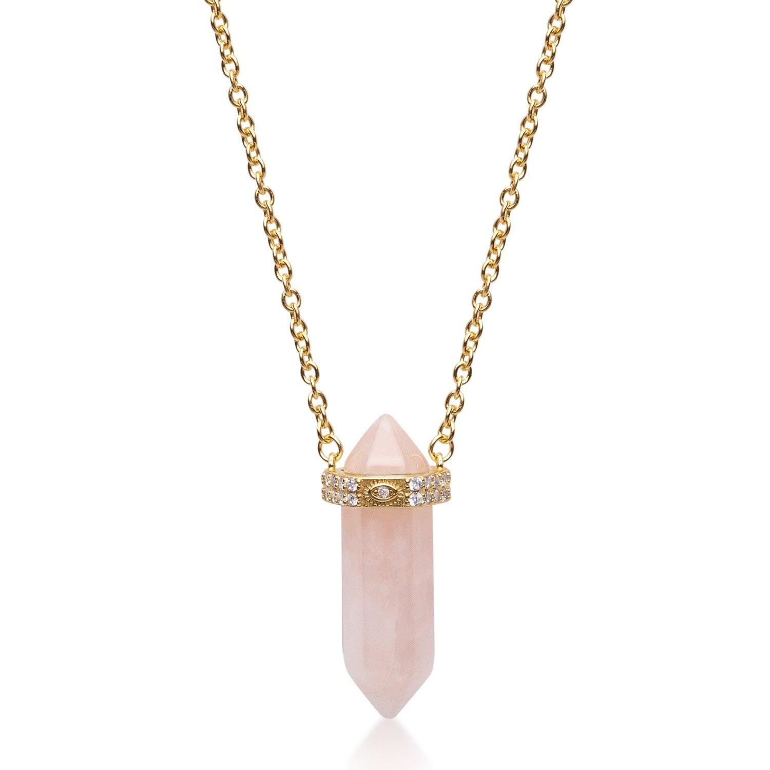 Sterling Silver Rose Quartz Crystal Necklace With Engraved Evil Eye Detail