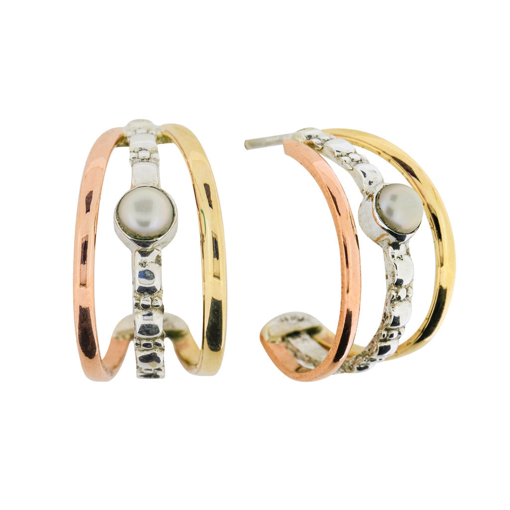 Maharani Triple Hoop Silver Earrings - Pearl