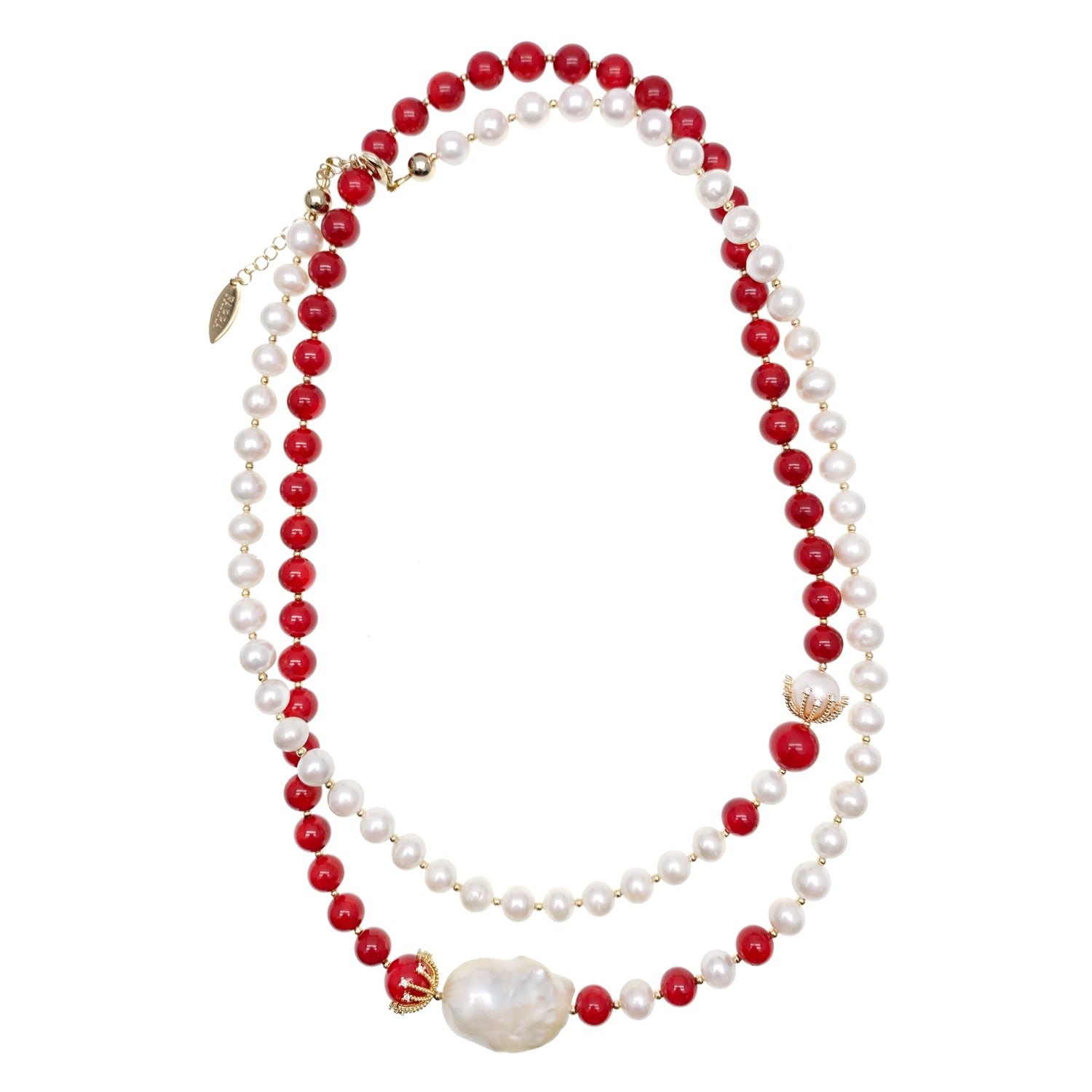 Freshwater Pearls And Red Coral With Baroque Pearl Timeless Necklace