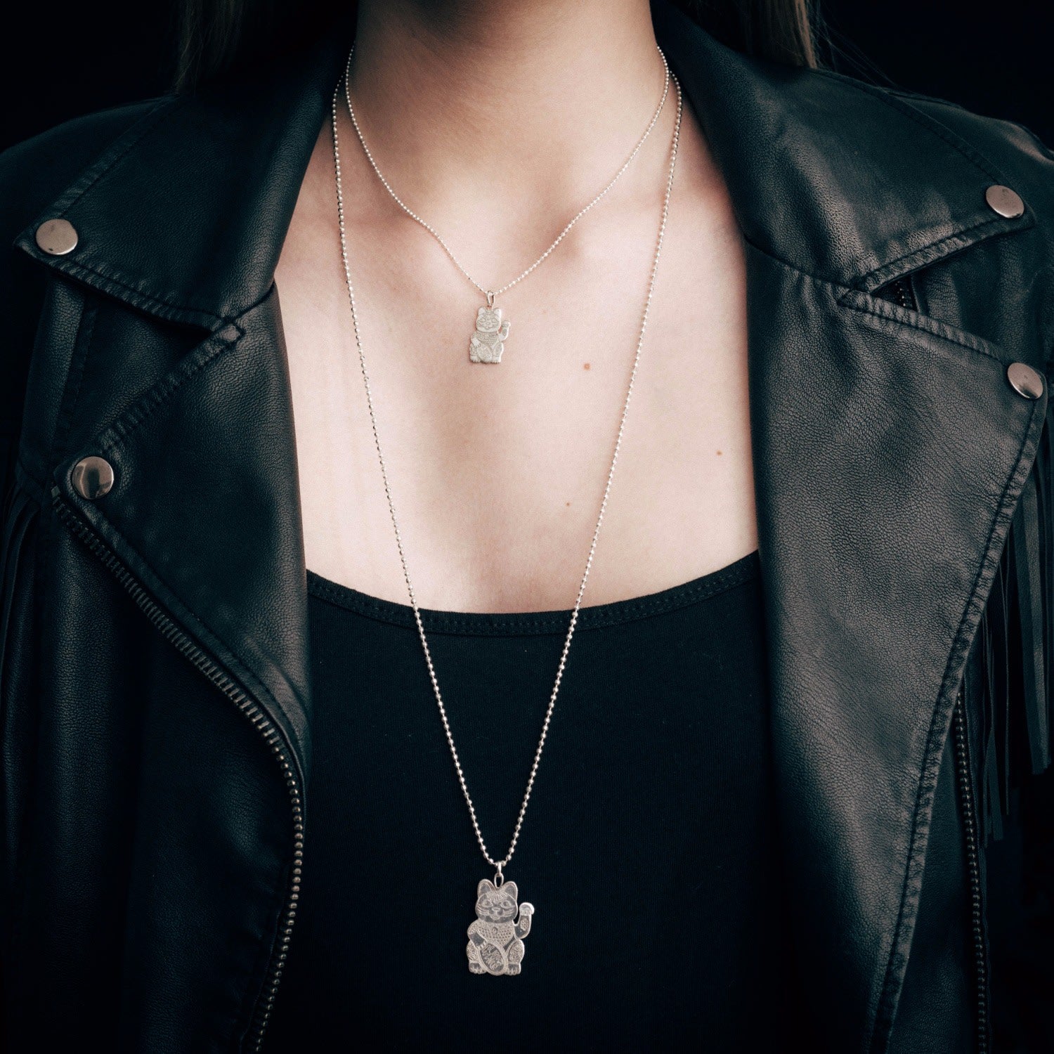 Large Lucky Cat Pendant Necklace - Silver