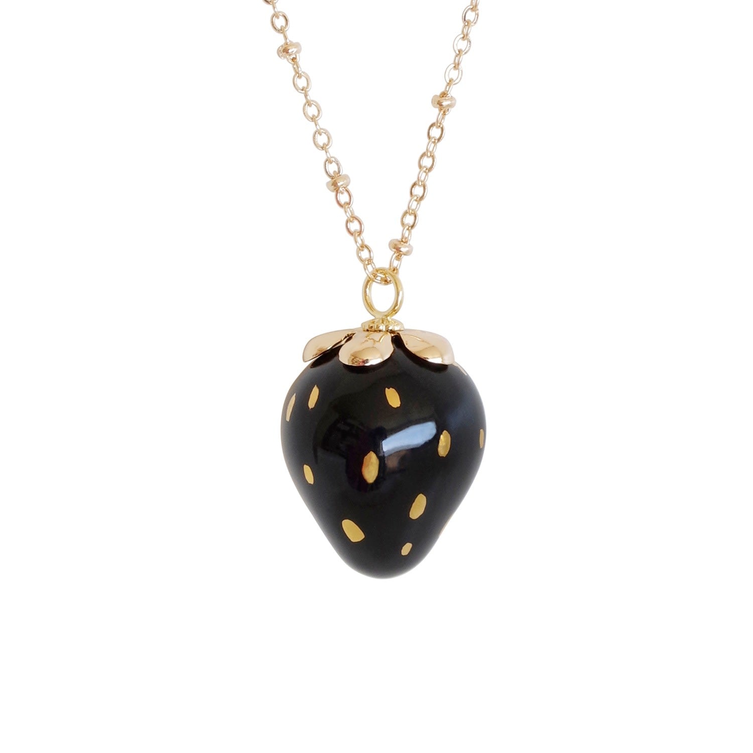 Golden Black Porcelain Strawberry Necklace