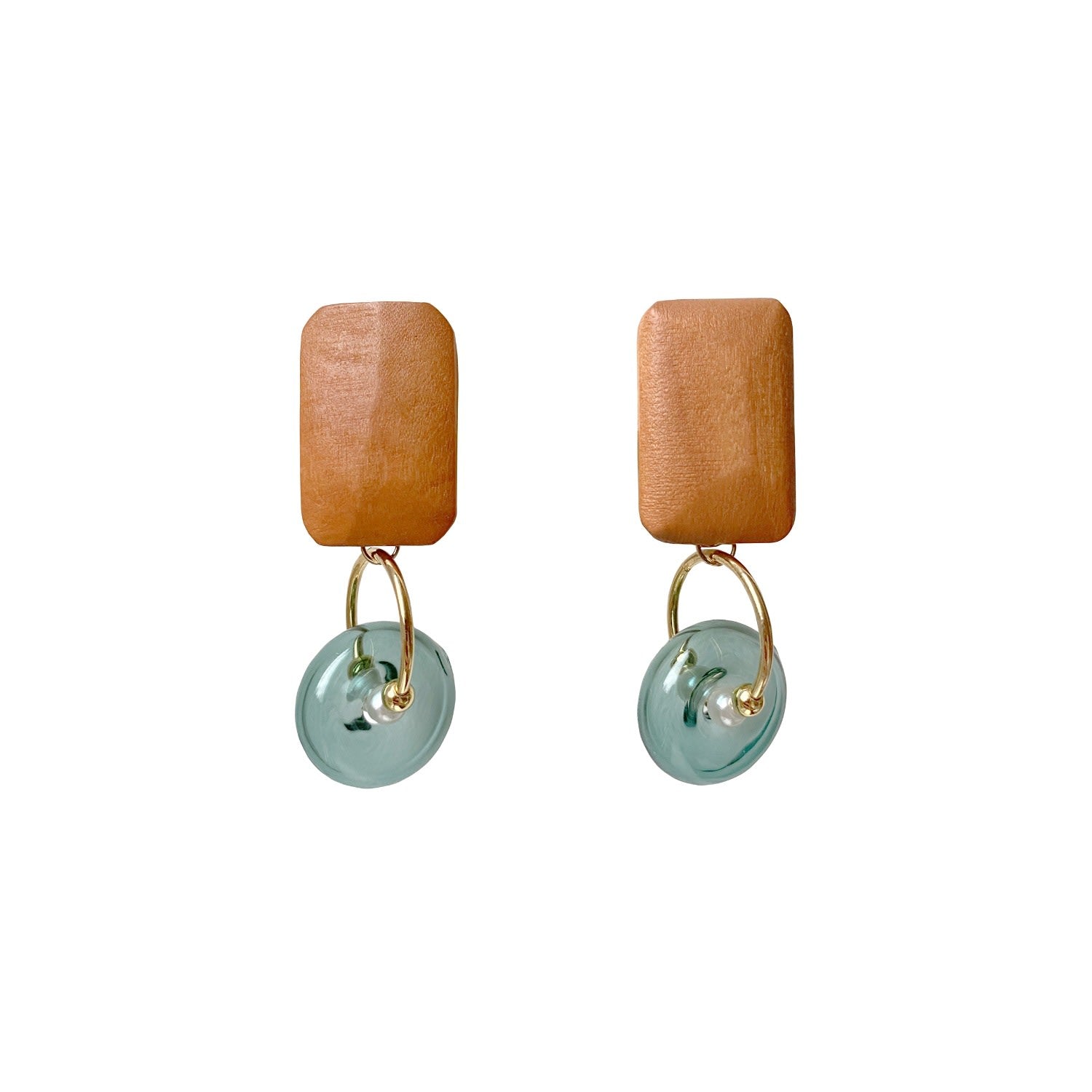 Geometric Pine Wood Earrings In Brown & Blue