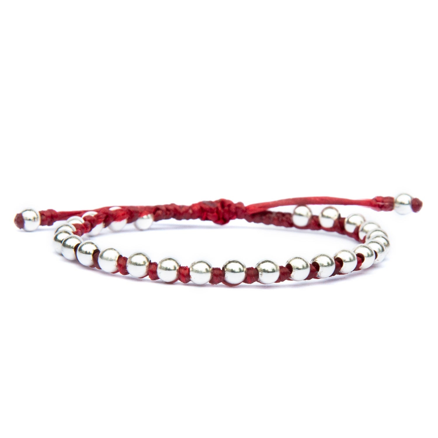 Red Rope Friendship Bracelet With Silver Beads - Elegant And Adjustable