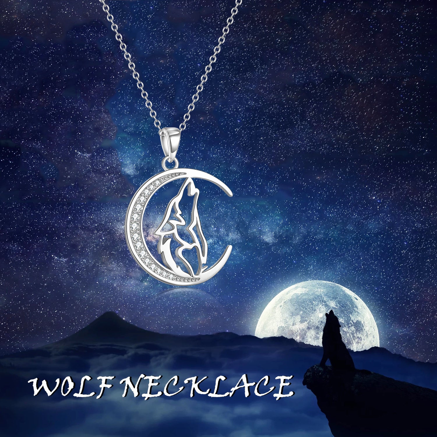 Sterling Silver Circular Cubic Zirconia Wolf & Moon Pendant Necklace