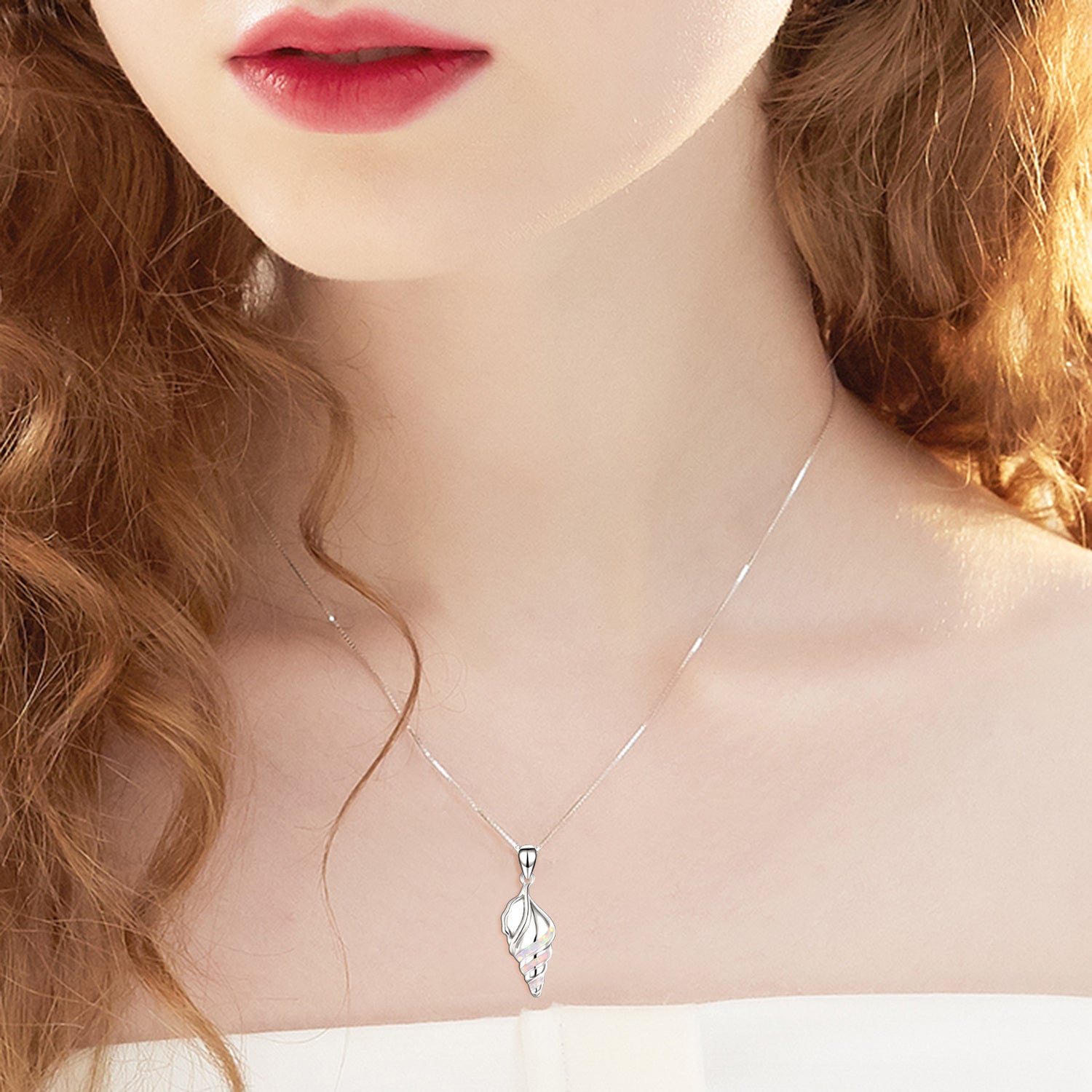 Sterling Silver Opal Conch Box Chain Necklace for Women