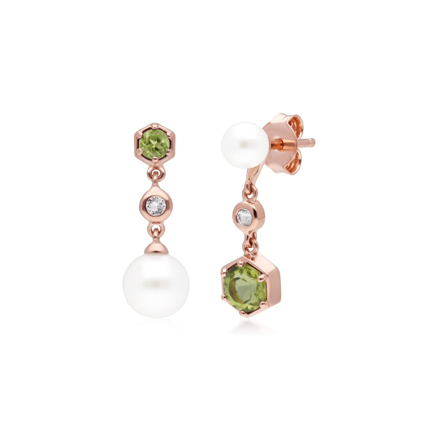 Mismatched Peridot Topaz Pearl Dangle Earrings Rose Gold Plated
