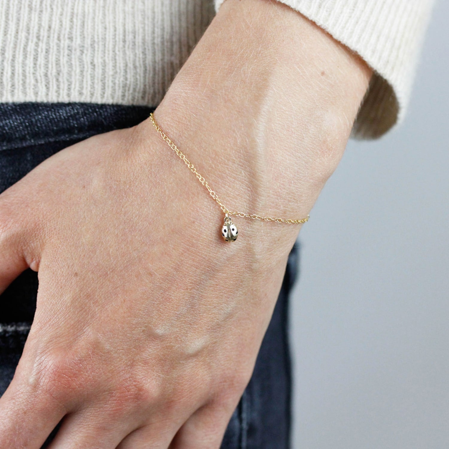 Ladybird Black Diamond Bracelet - Solid Gold - Wings Closed