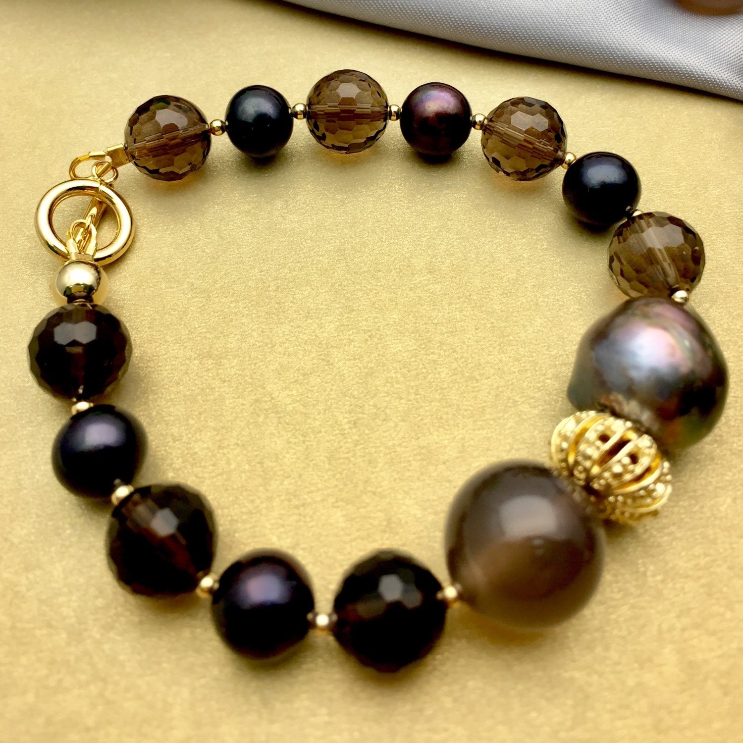 Black Pearls With Baroque & Smoky Quartz Bracelet