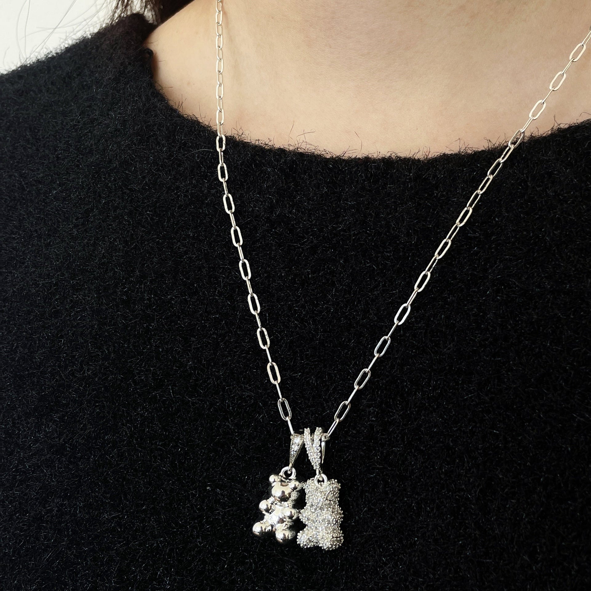 Zirconia Bear Necklace - Double Pendant - Silver