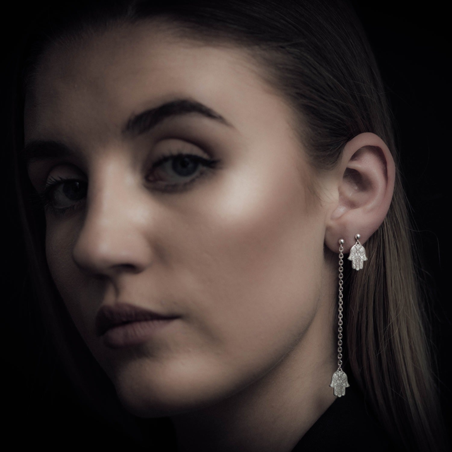 Gold Hamsa Hand Single Long Drop Earring