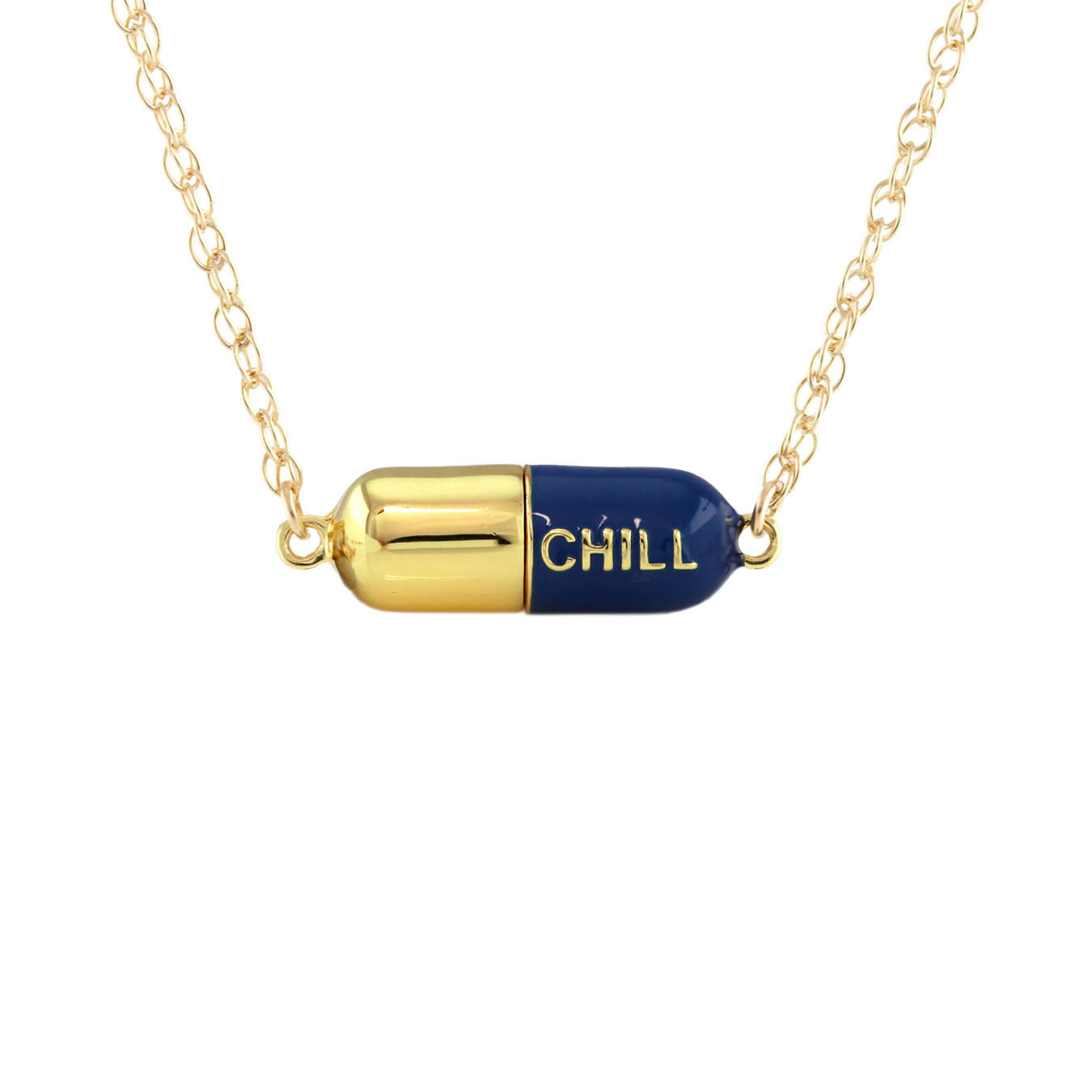 Big Chill Pill Chain Necklace Navy Blue & Gold Filled