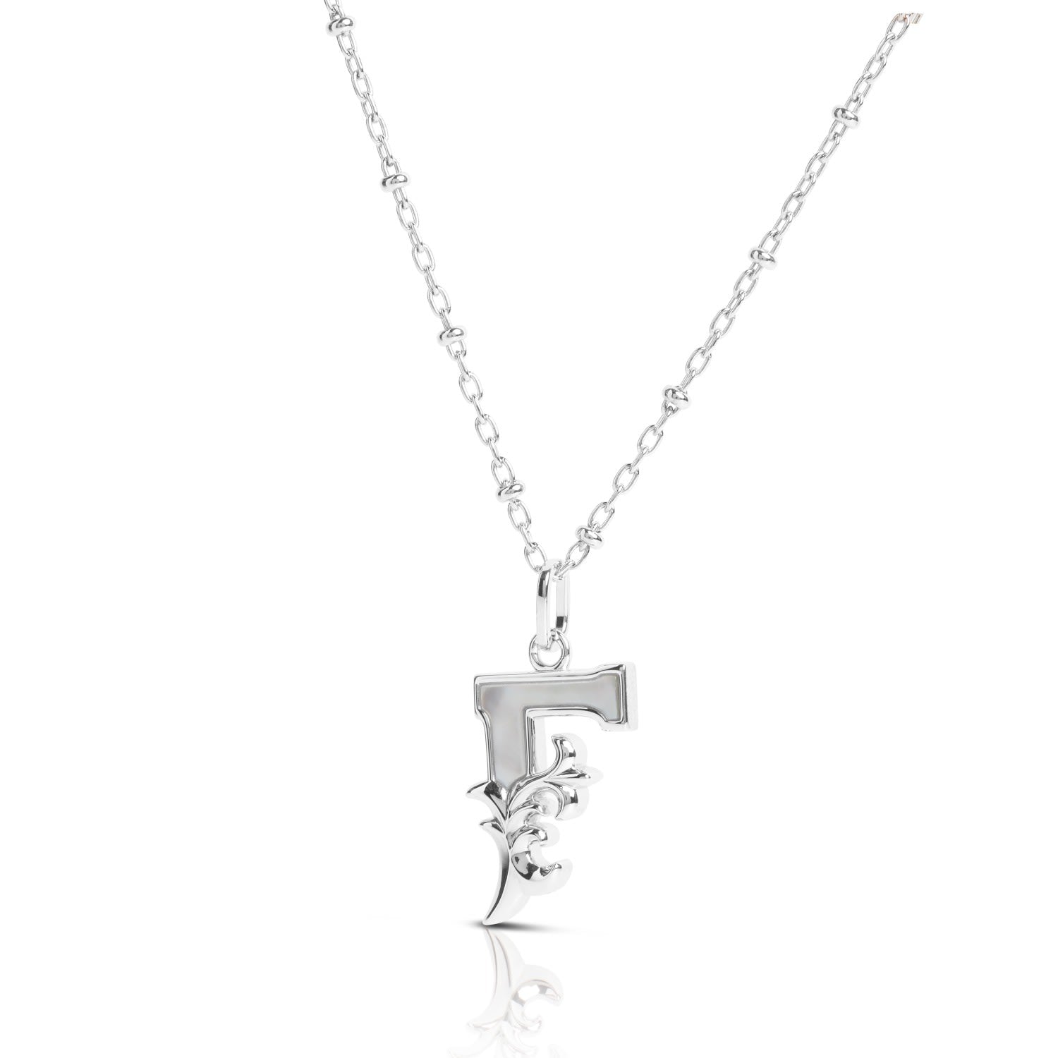 Solid Silver F Initial Necklace With Mother Of Pearl