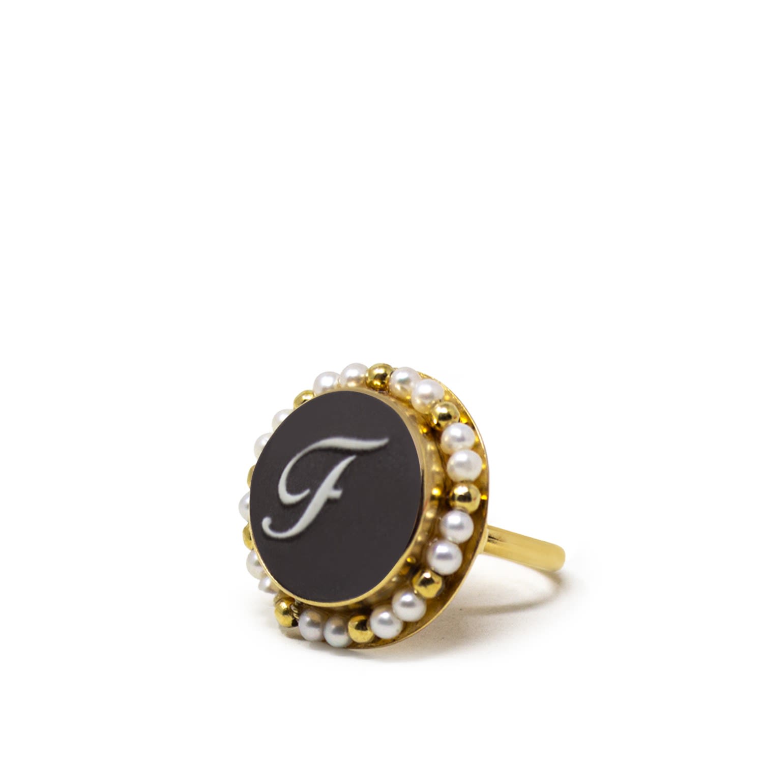 Black Initial F Cameo Ring With Pearls