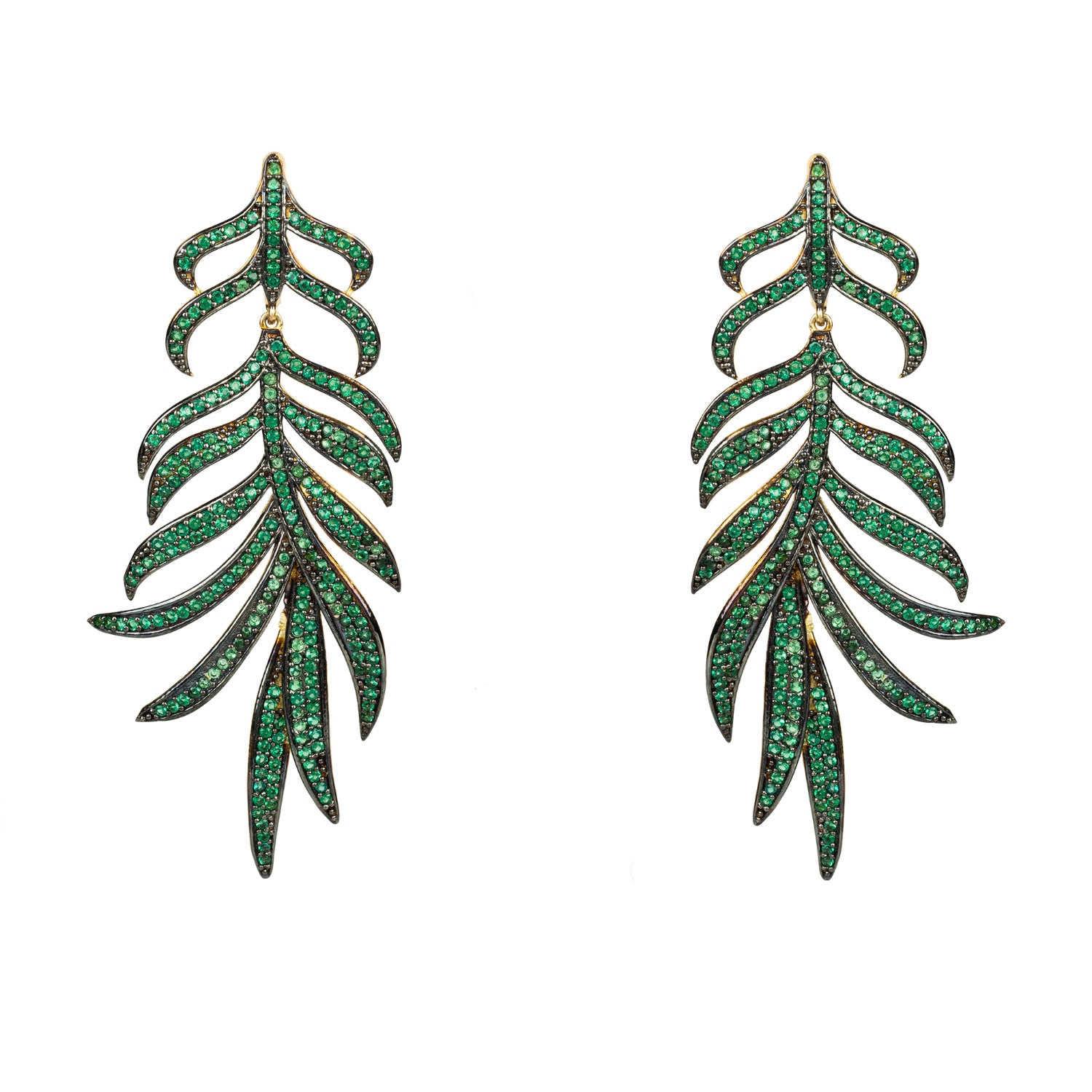 Feathered Leaf Statement Drop Earrings Green Cz