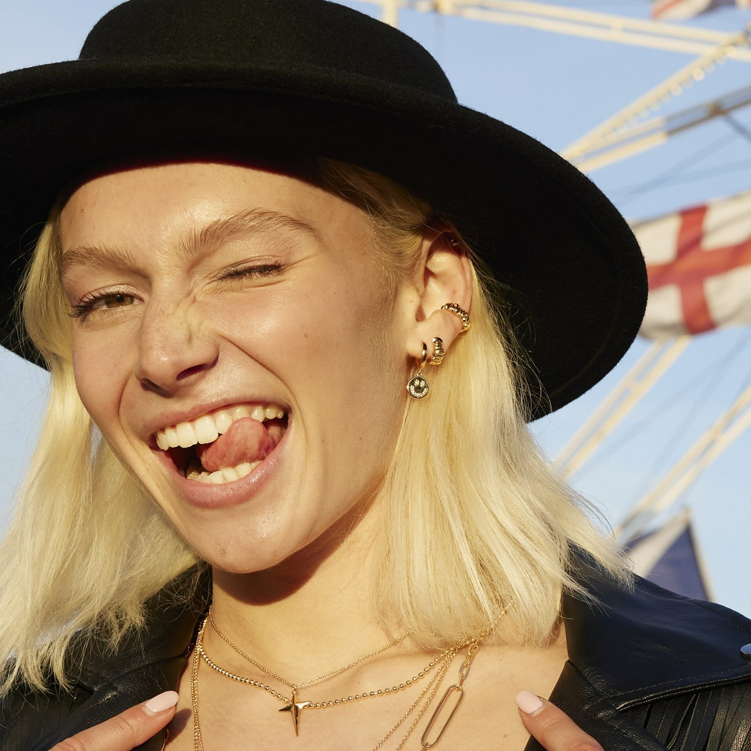 Gold Smiley Face Charm Hoop Earrings