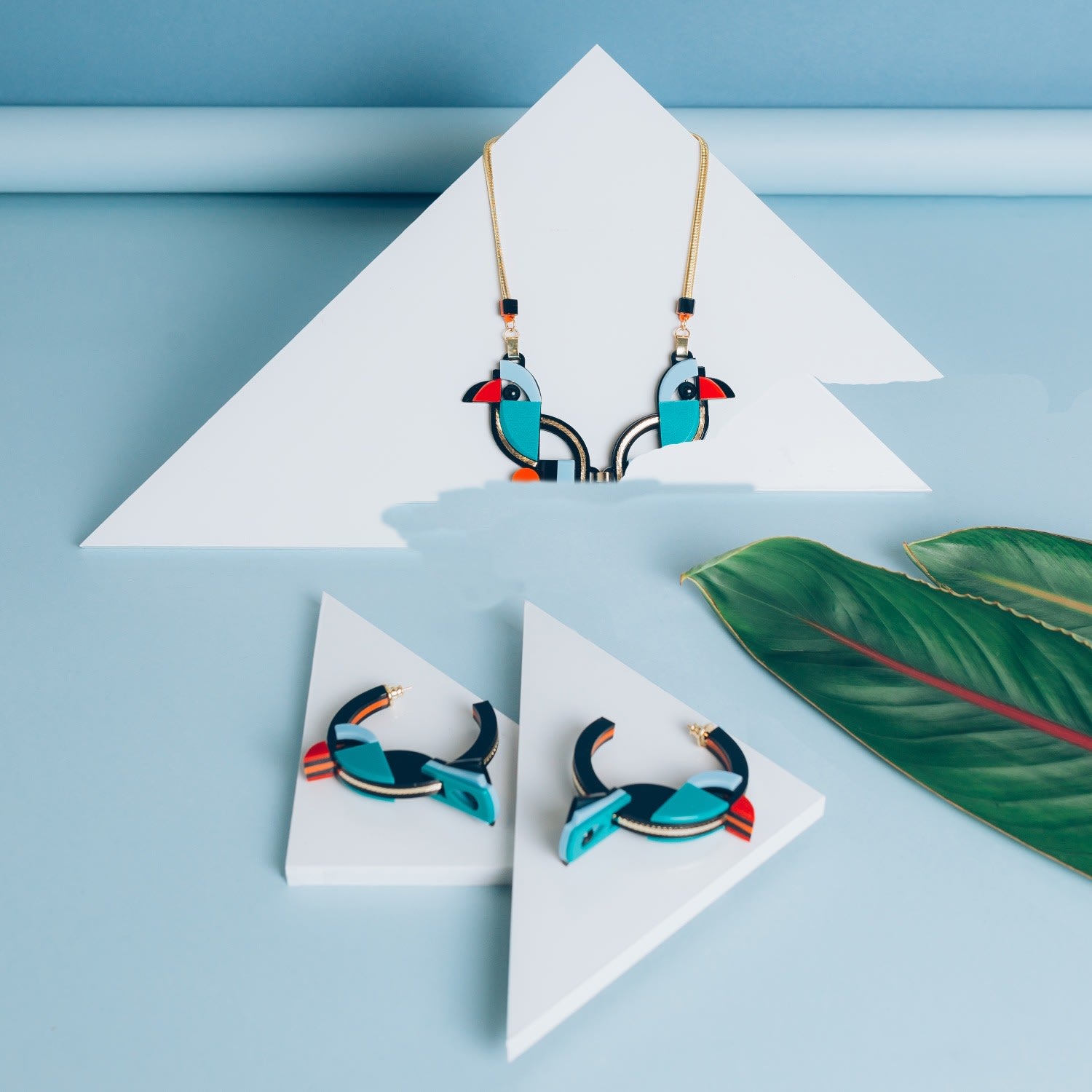 Handmade Acrylic Necklace Birds Turquoise