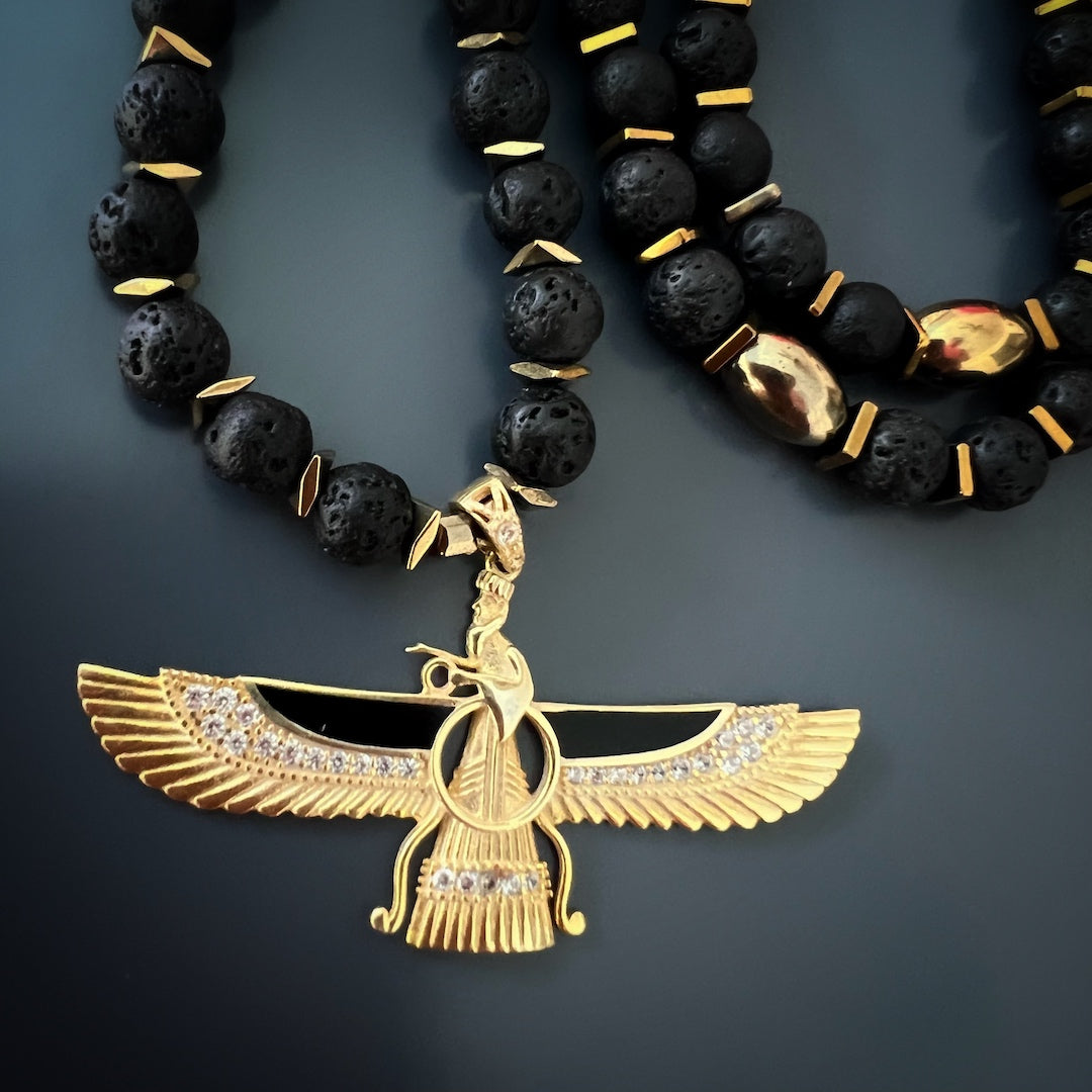 Guidance Faravahar Symbol Pendant Black Beaded Necklace - Black