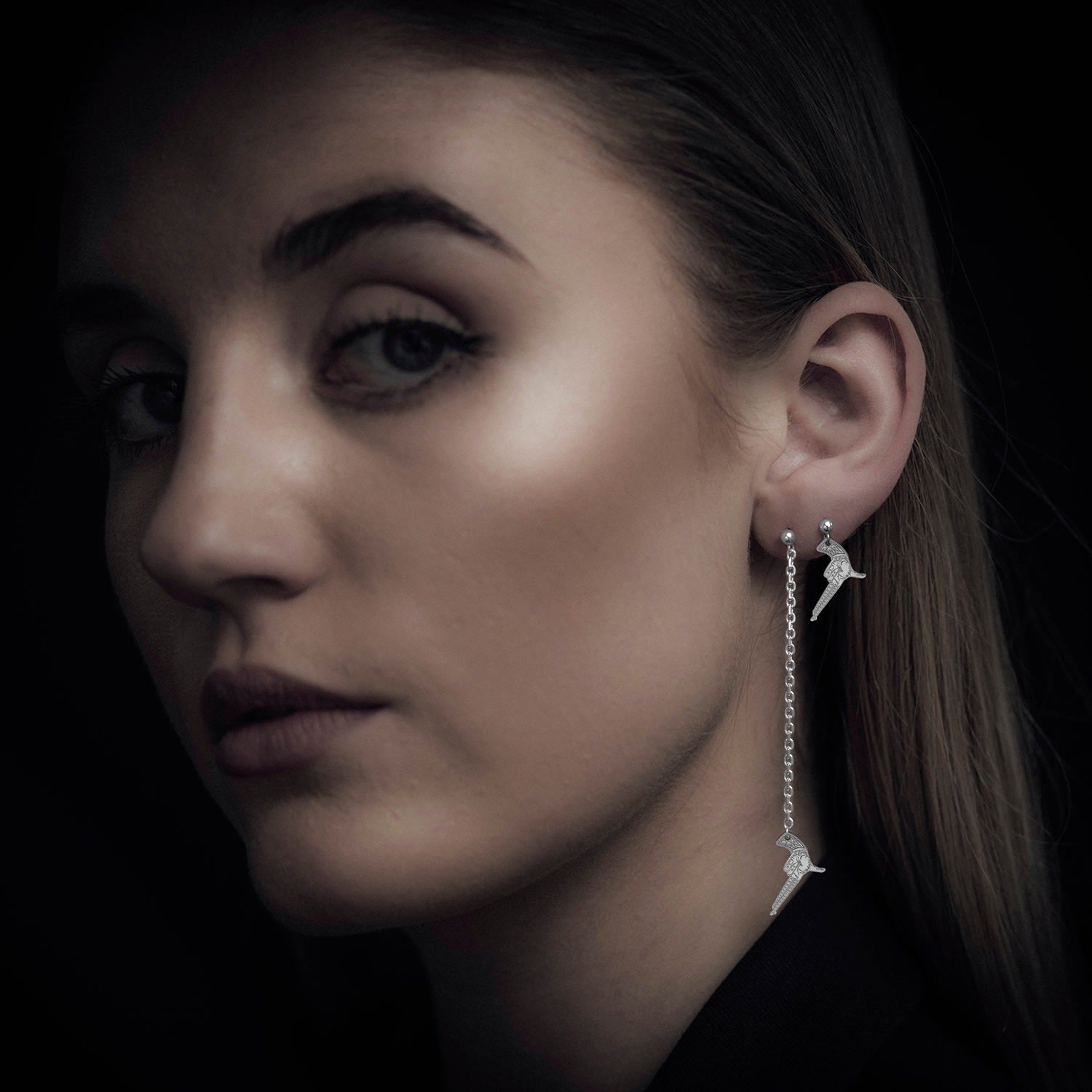 Silver Hand Gun Single Short Drop Earring