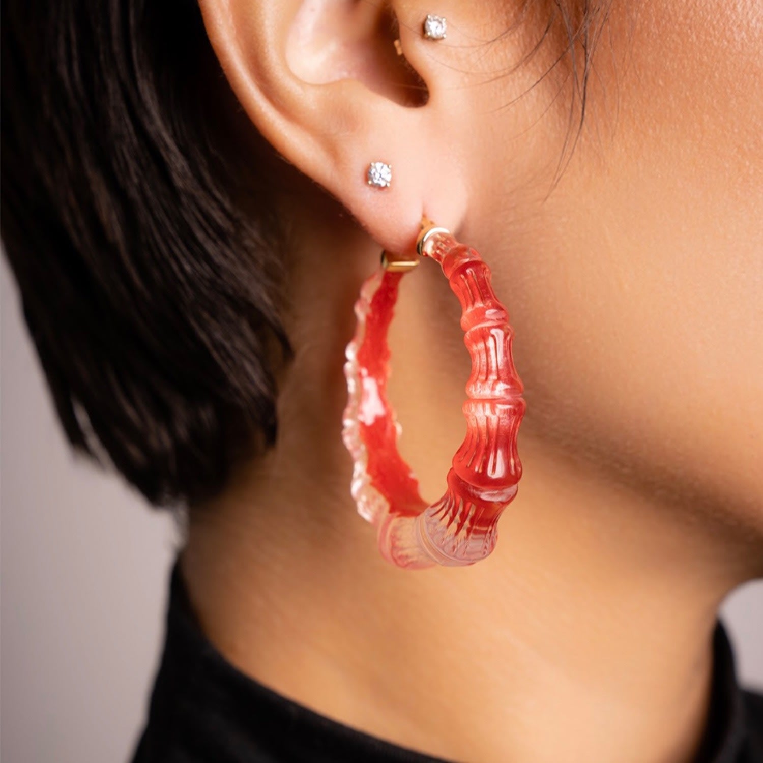 Bamboo Illusion Hoop Earrings In Watermelon Red