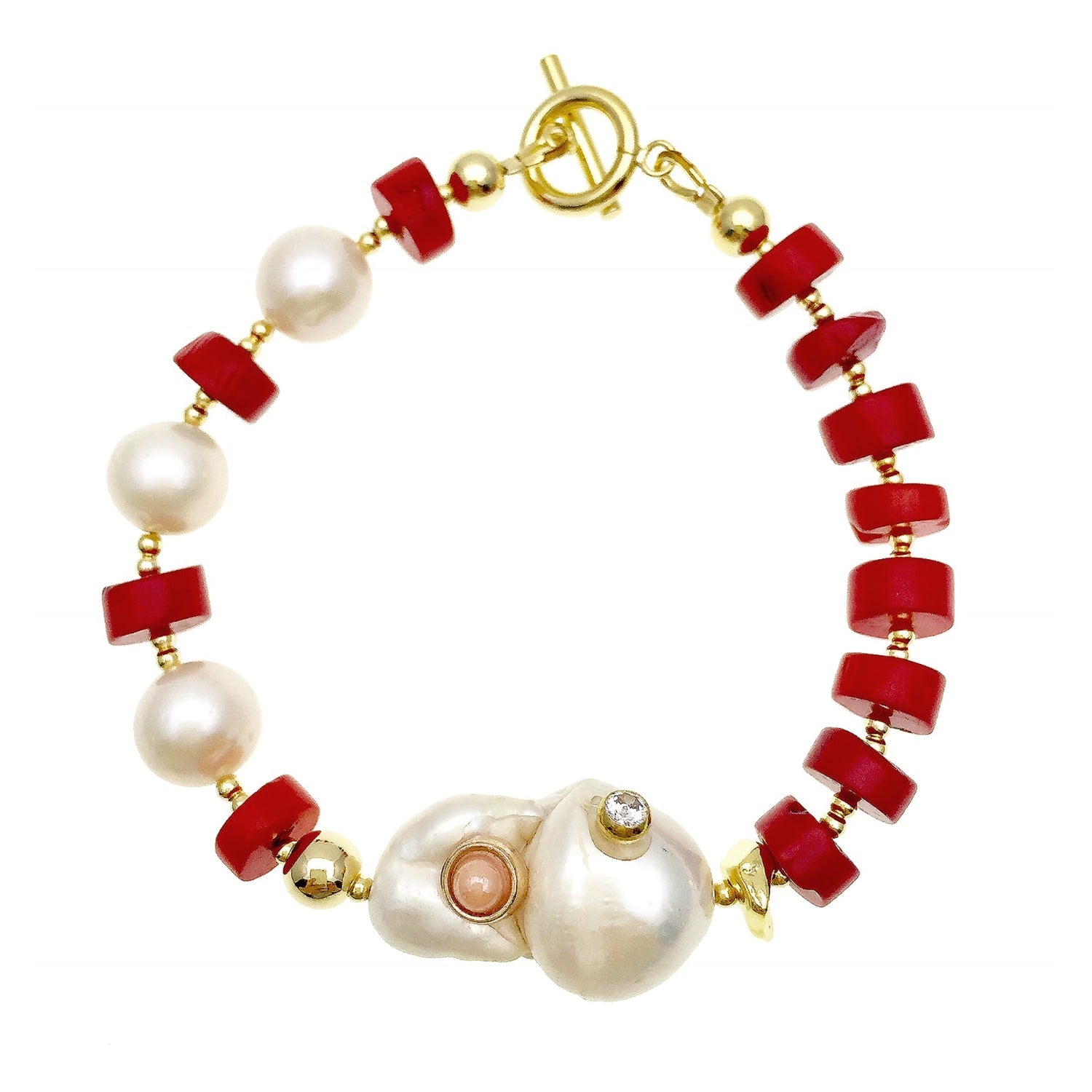 Red Corals With Studded Baroque & Freshwater Pearls Bracelet