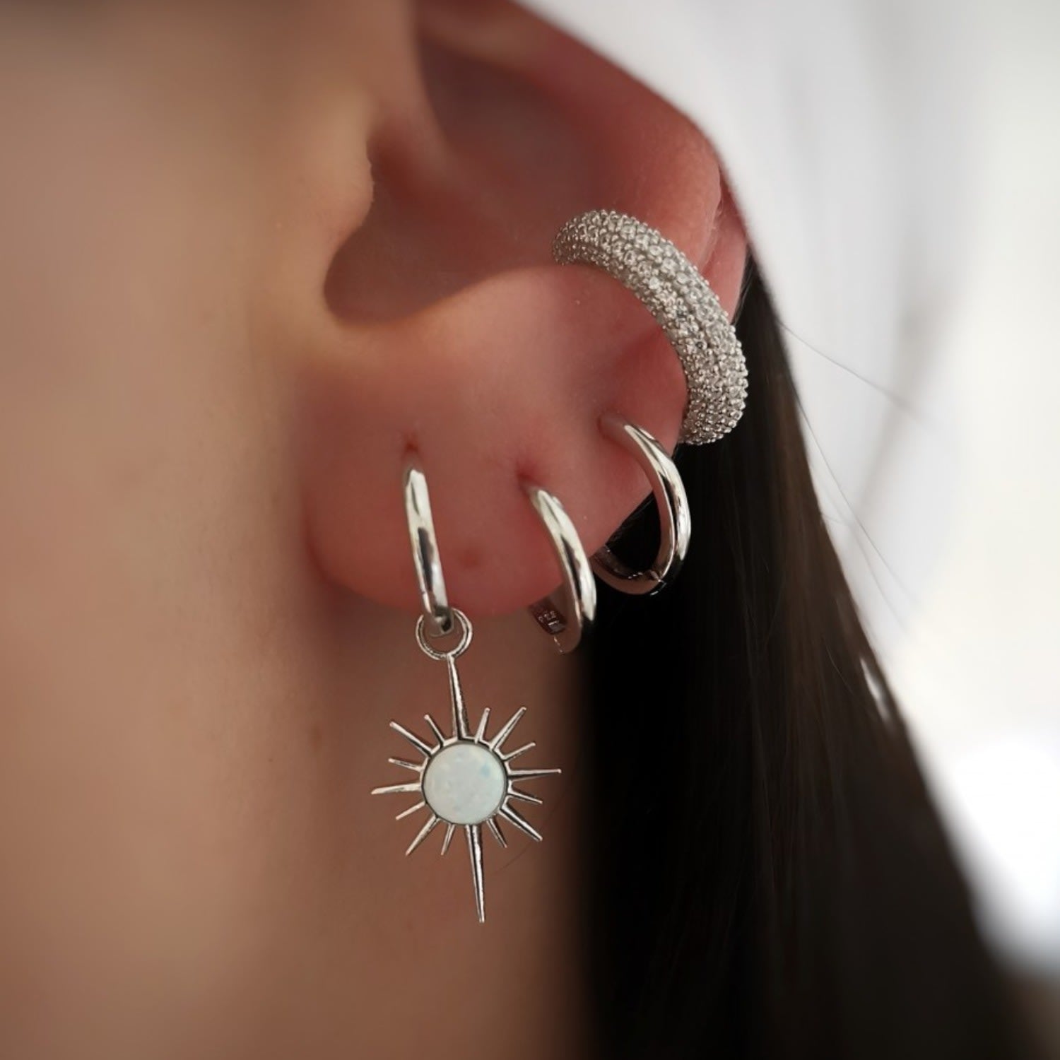 White Opal Northern Star Starburst Drop Hoop Earring Sterling Silver - Silver