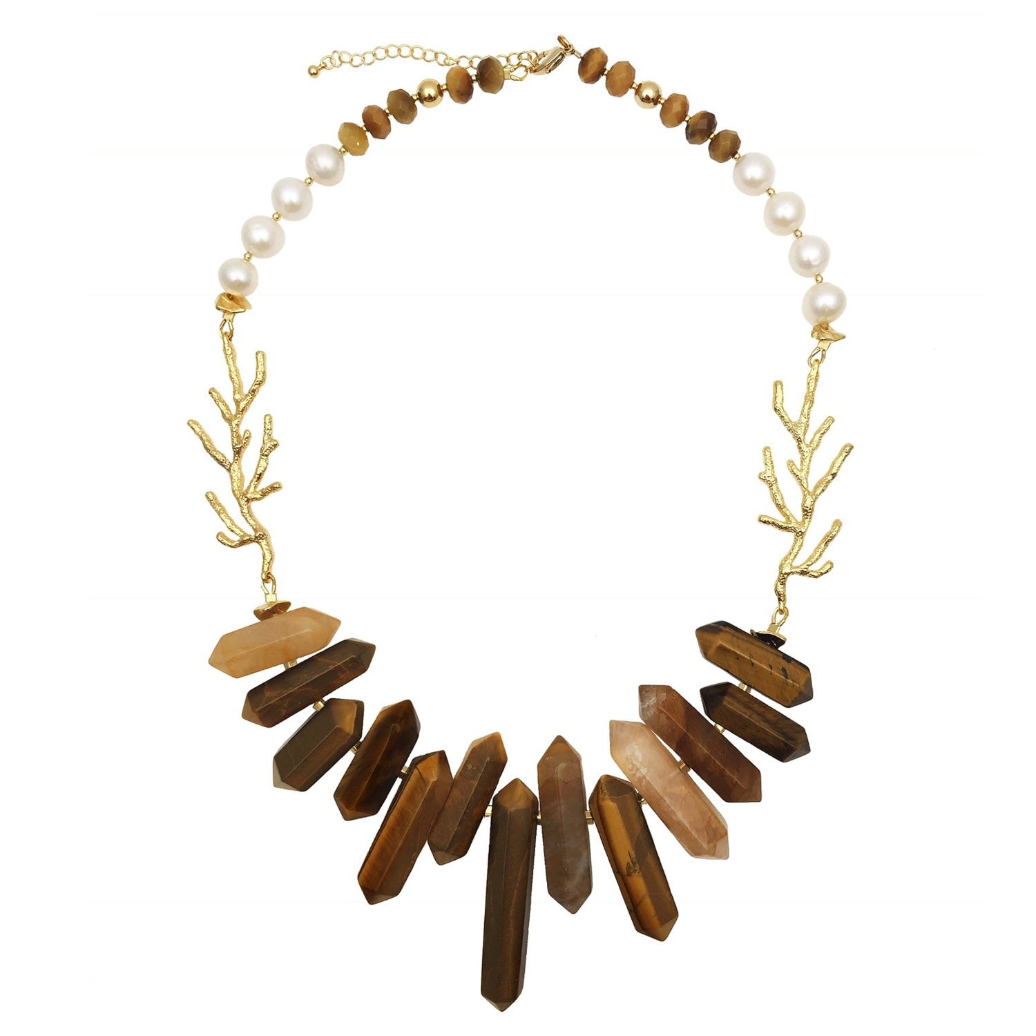 Tiger Eye Stone With Branch Charm Statement Necklace