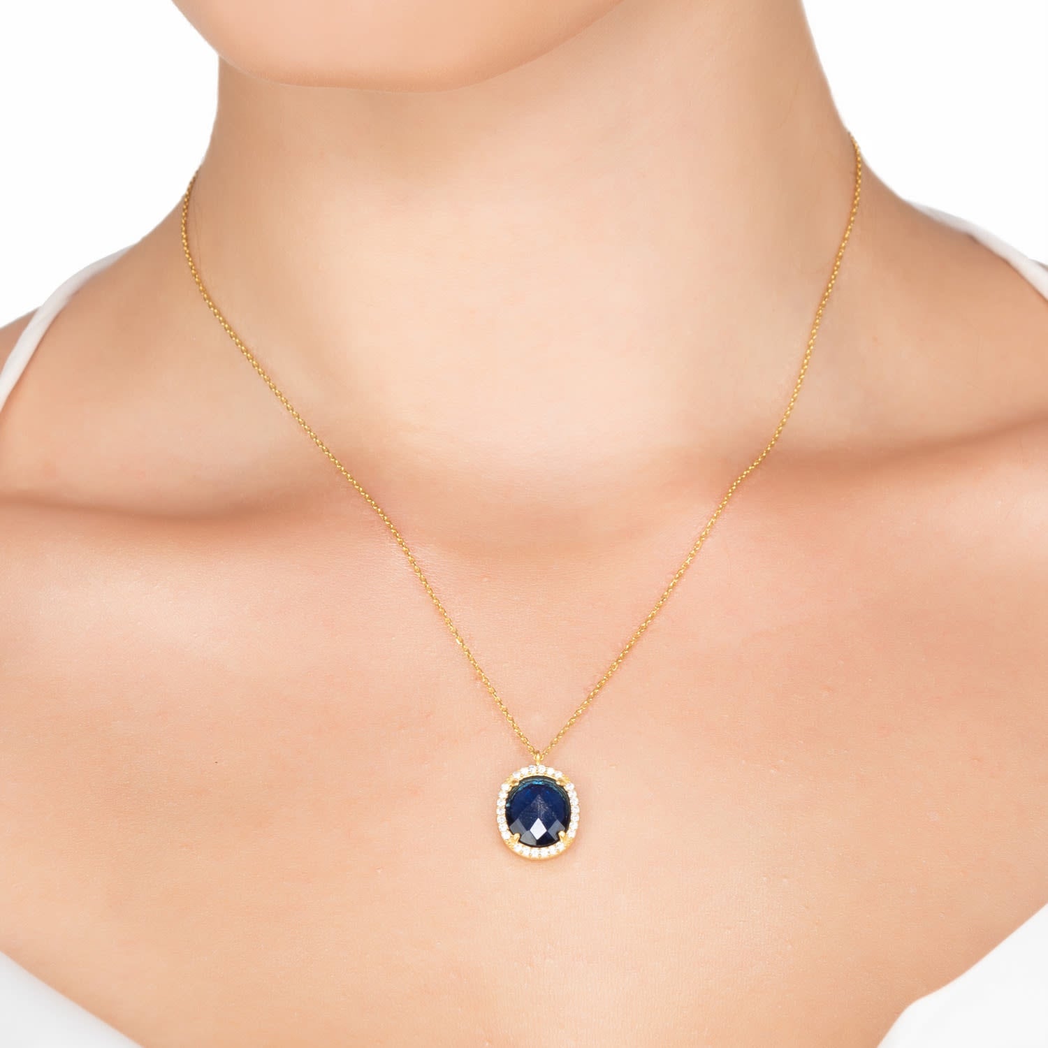 Beatrice Oval Gemstone Pendant Necklace Gold Sapphire Hydro