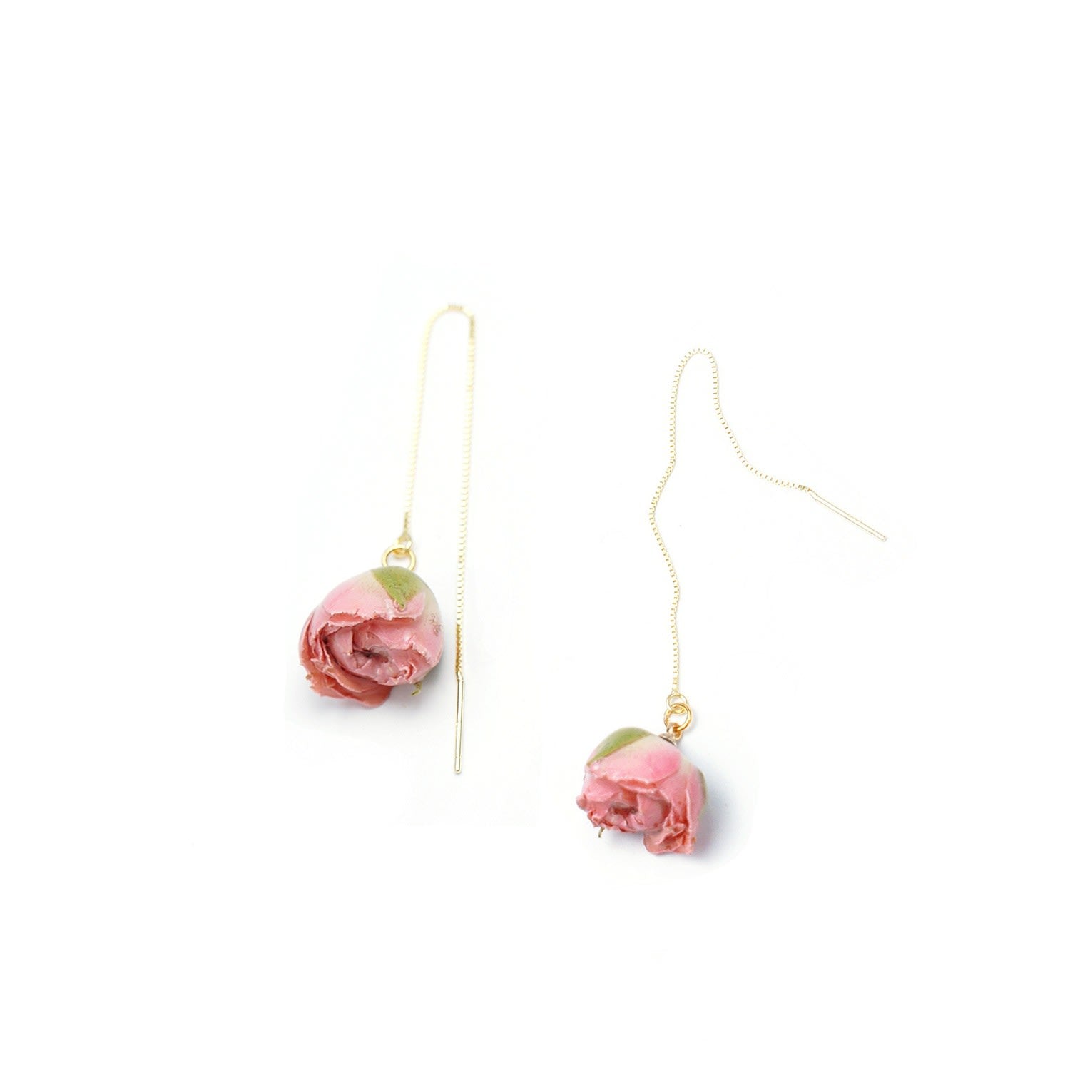Real Flower Bella Rosa Pink Rosebud 18K Gold Vermeil Threader Earrings