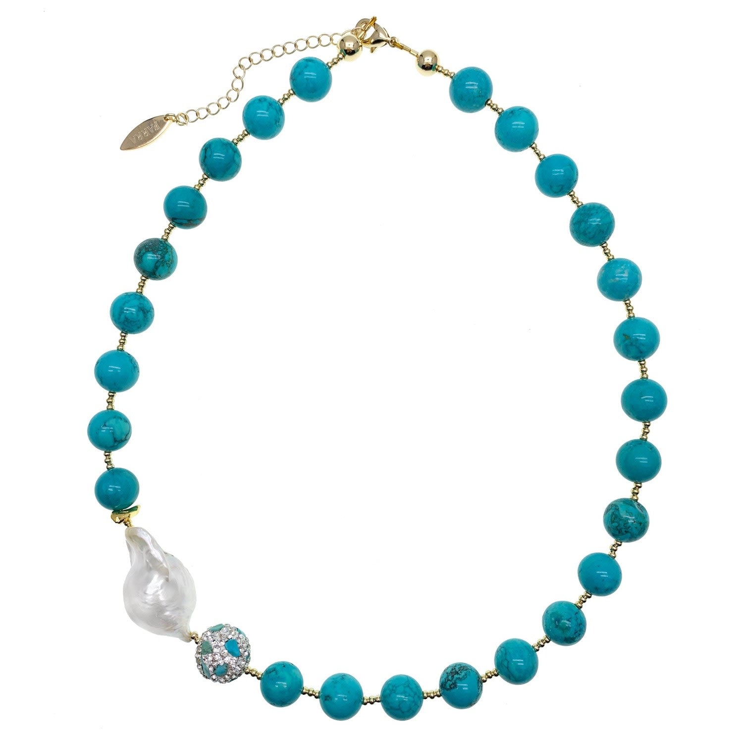 Turquoise With Baroque Pearl & Rhinestones Short Necklace