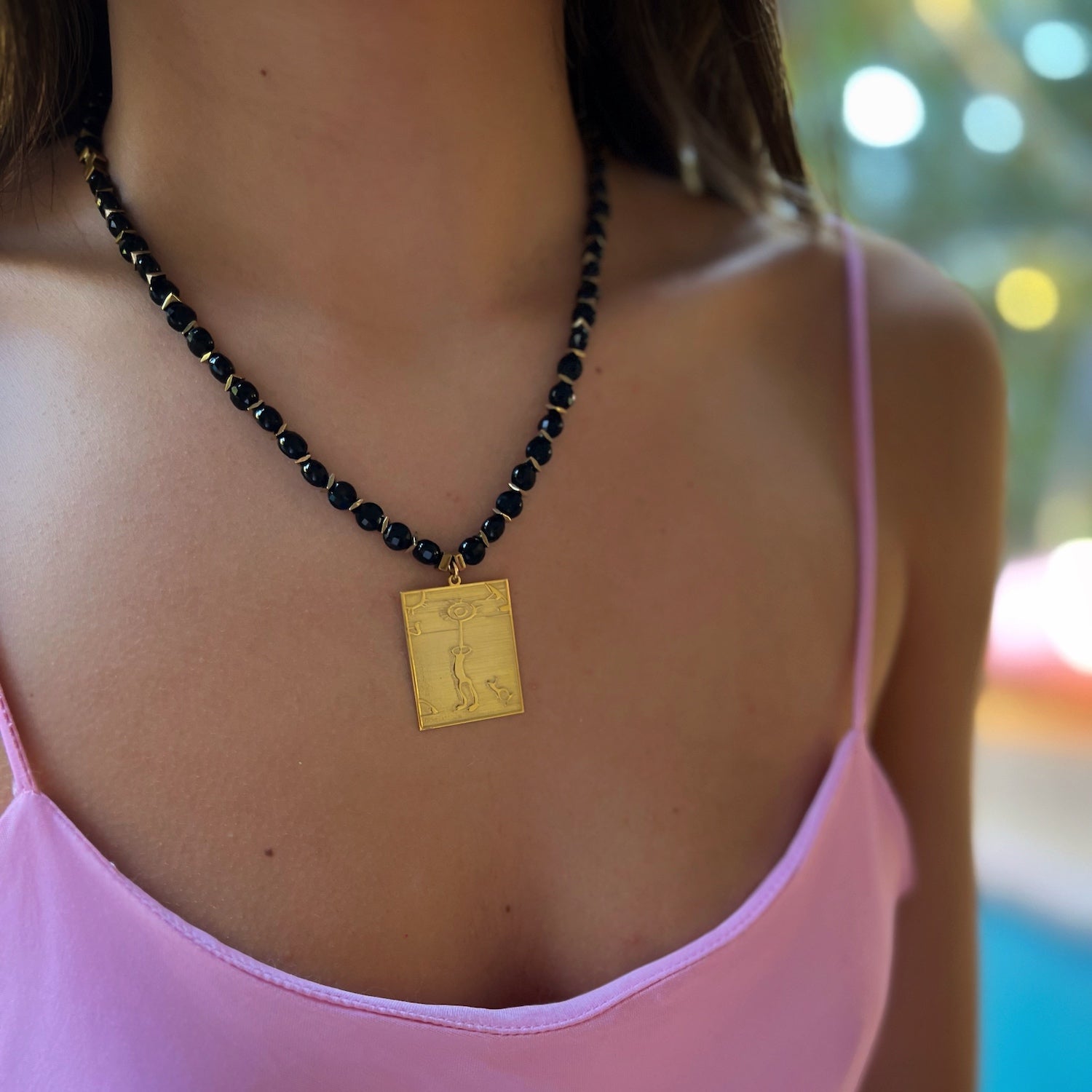 Healer Spiral Sun Shamanic Pendant Black Agate Beaded Necklace - Gold