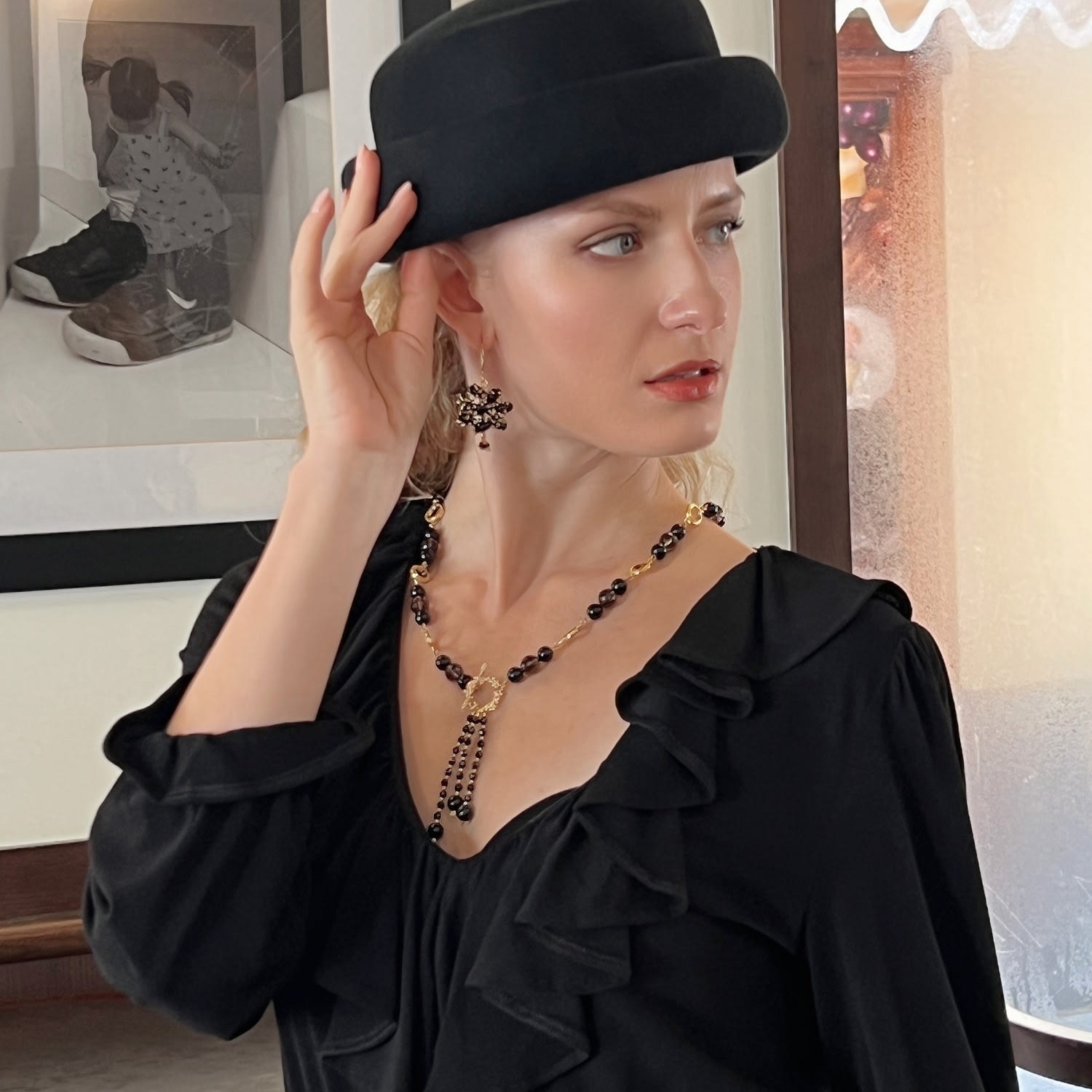 Classic Style Y Shape Black Obsidian & Smoky Quartz Fringe Necklace