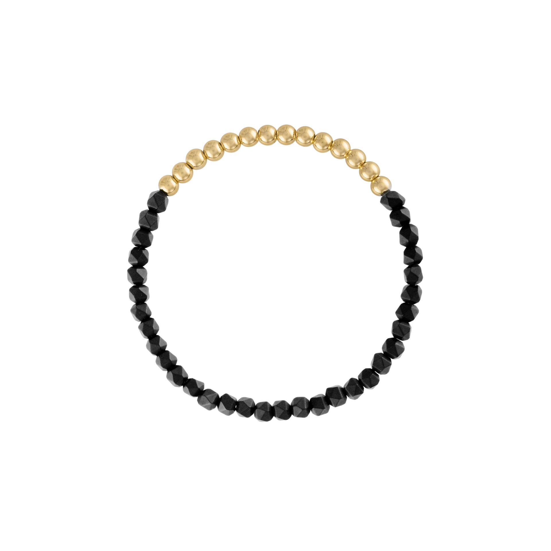 Mini Star Faceted Black Onyx Gold Beaded Bracelet