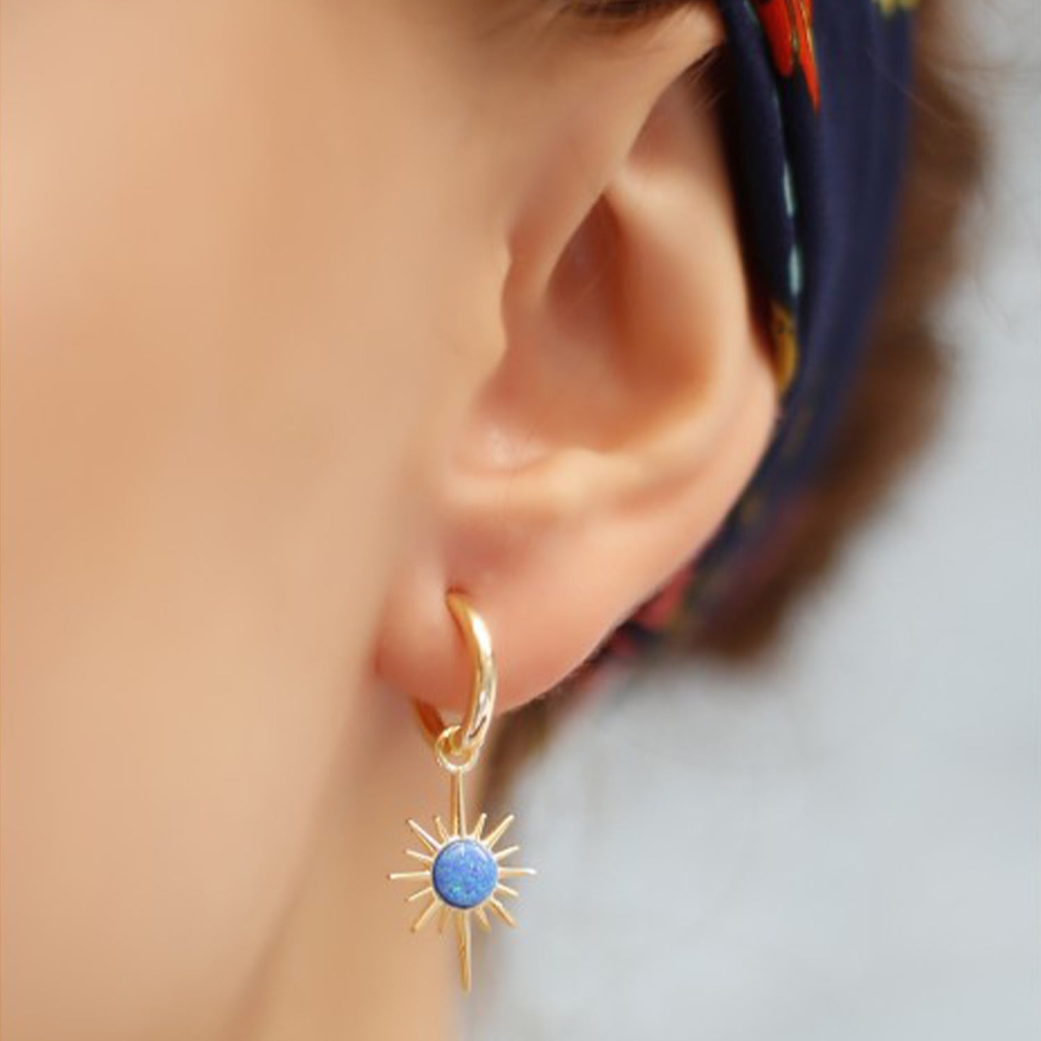 Northern Star Starburst Drop Hoop Blue Opal Earring Sterling Silver - Gold