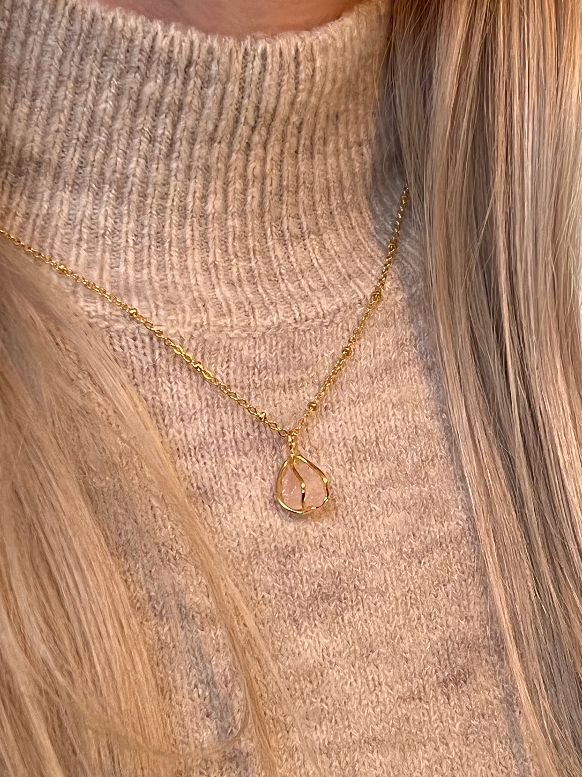 Raw Rose Quartz In Cage Pendant