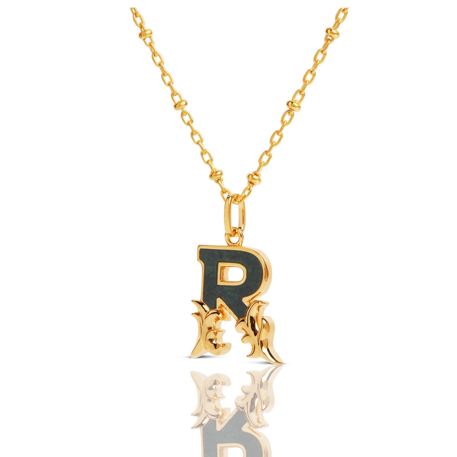 Gold Plated R Initial Necklace With Green Marble