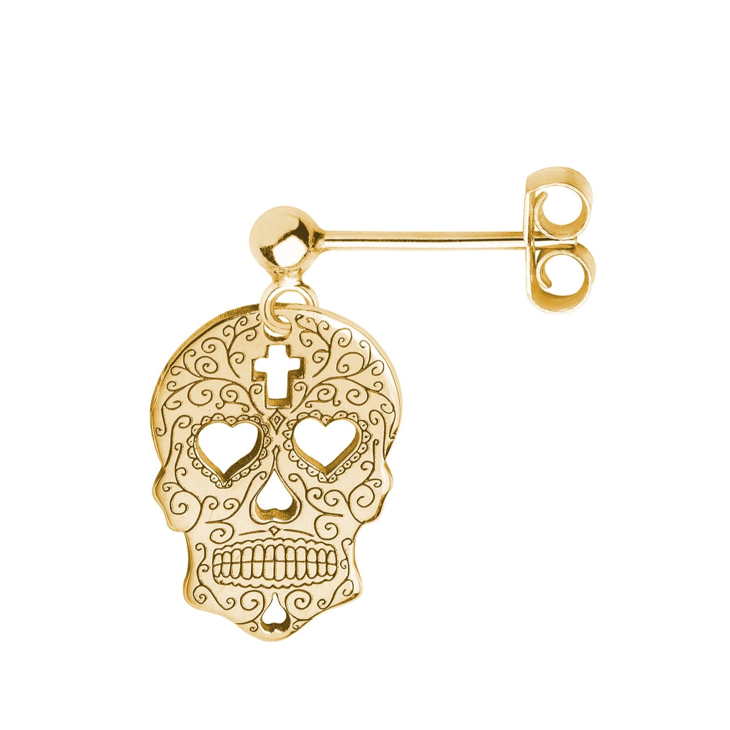 Gold Sugar Skull With Heart Eyes Single Short Drop Earring
