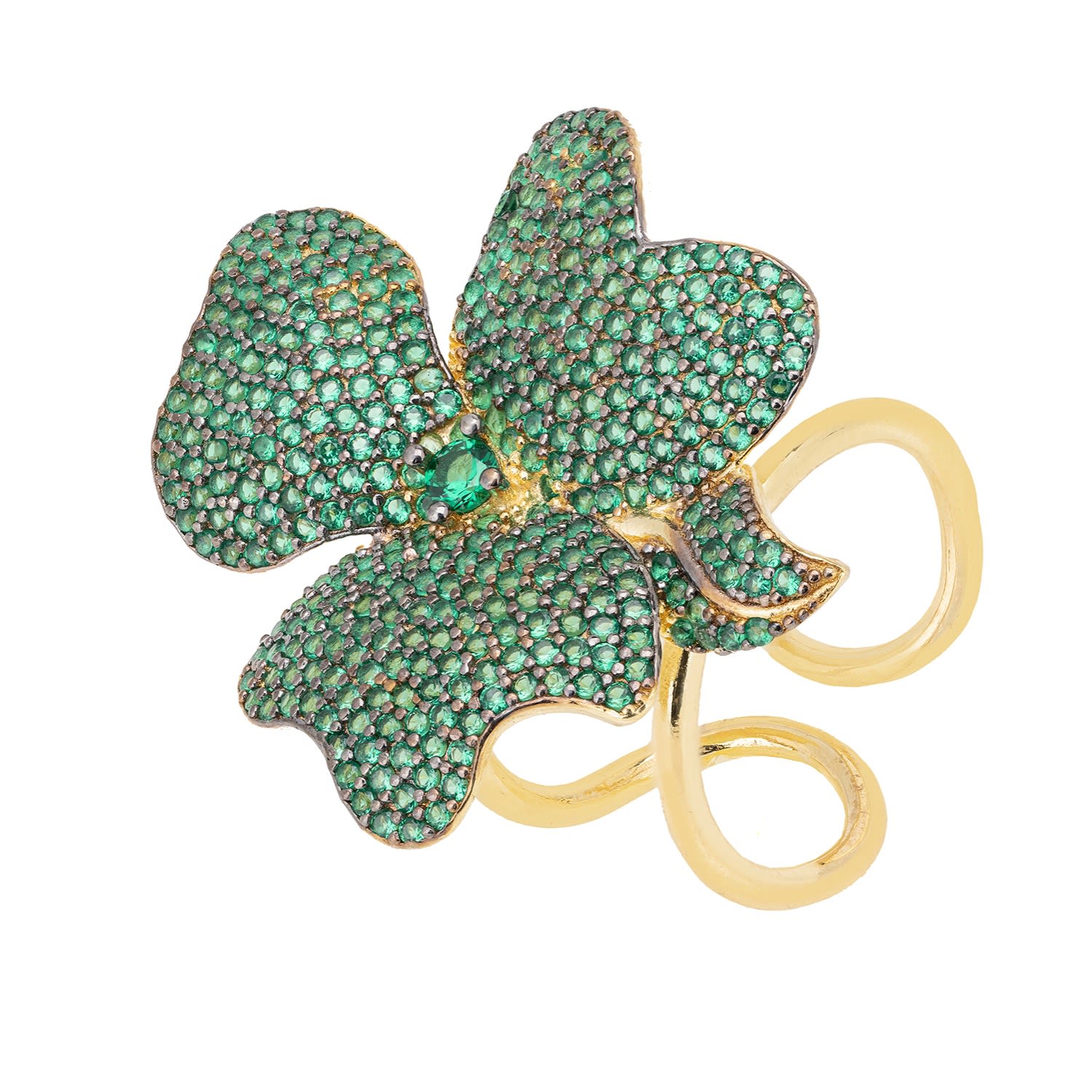 Flower Cocktail Ring Gold Emerald Green