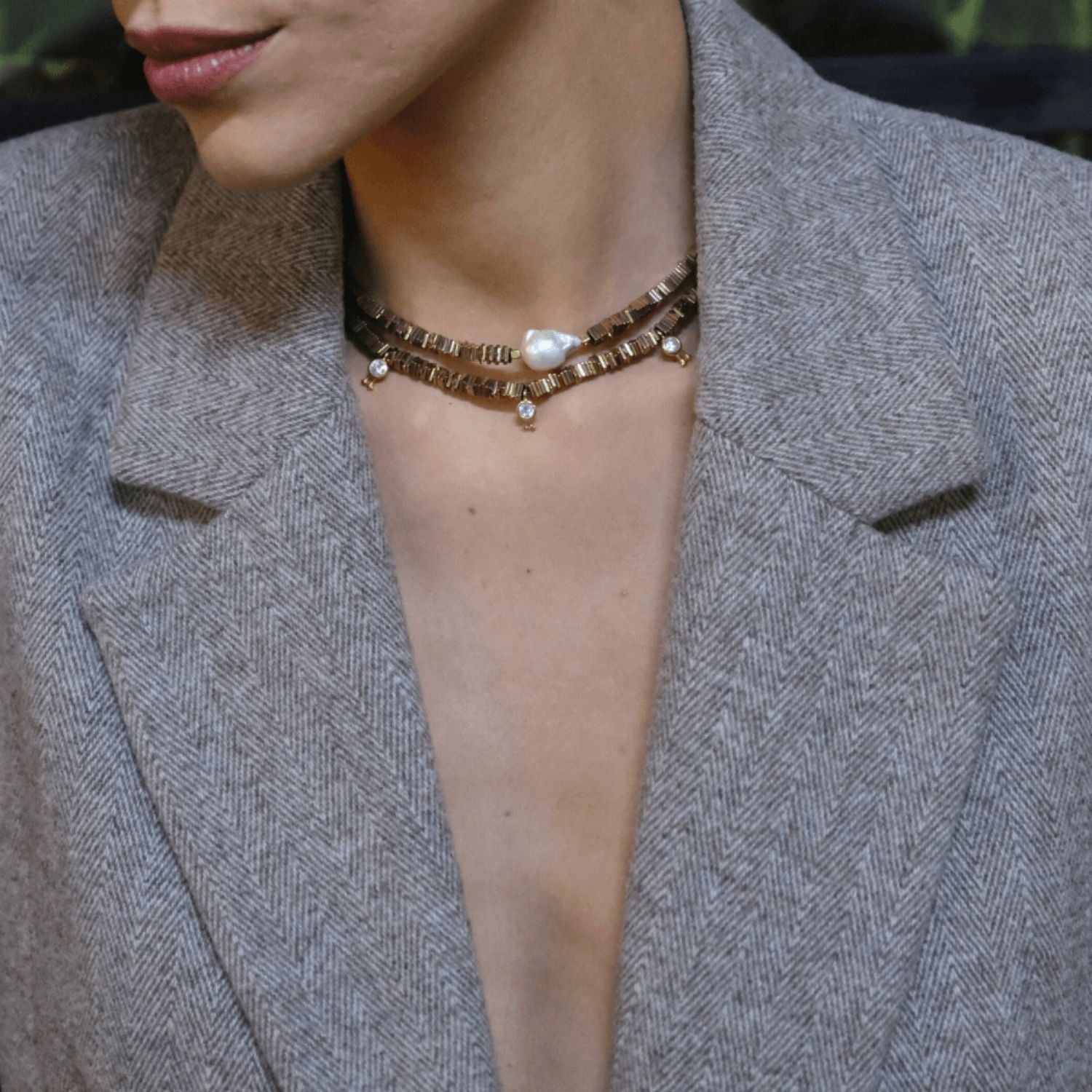 Yarn Baroque Pearl Hematite Stone Necklace