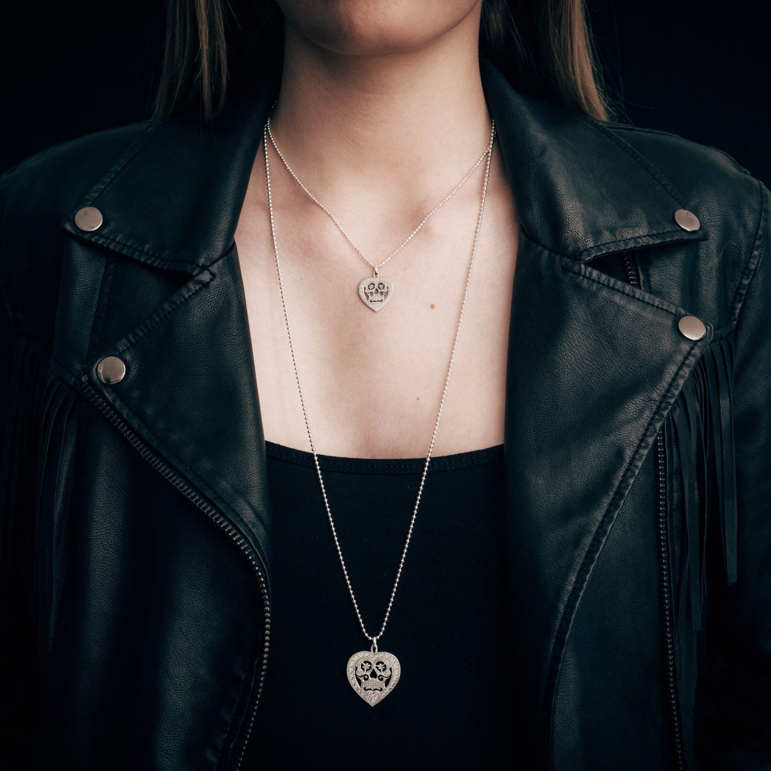 Medium Silver Sugar Skull Heart Pendant Necklace