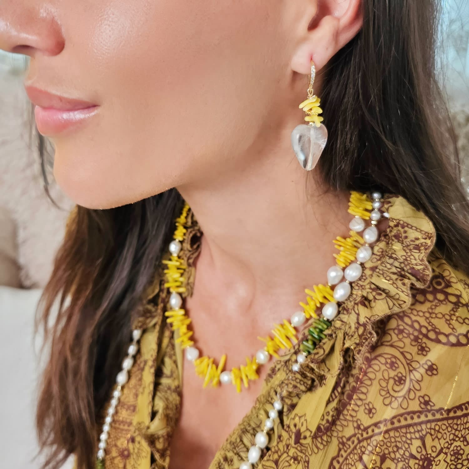 Yellow Bamboo Coral With Freshwater Pearls Necklace