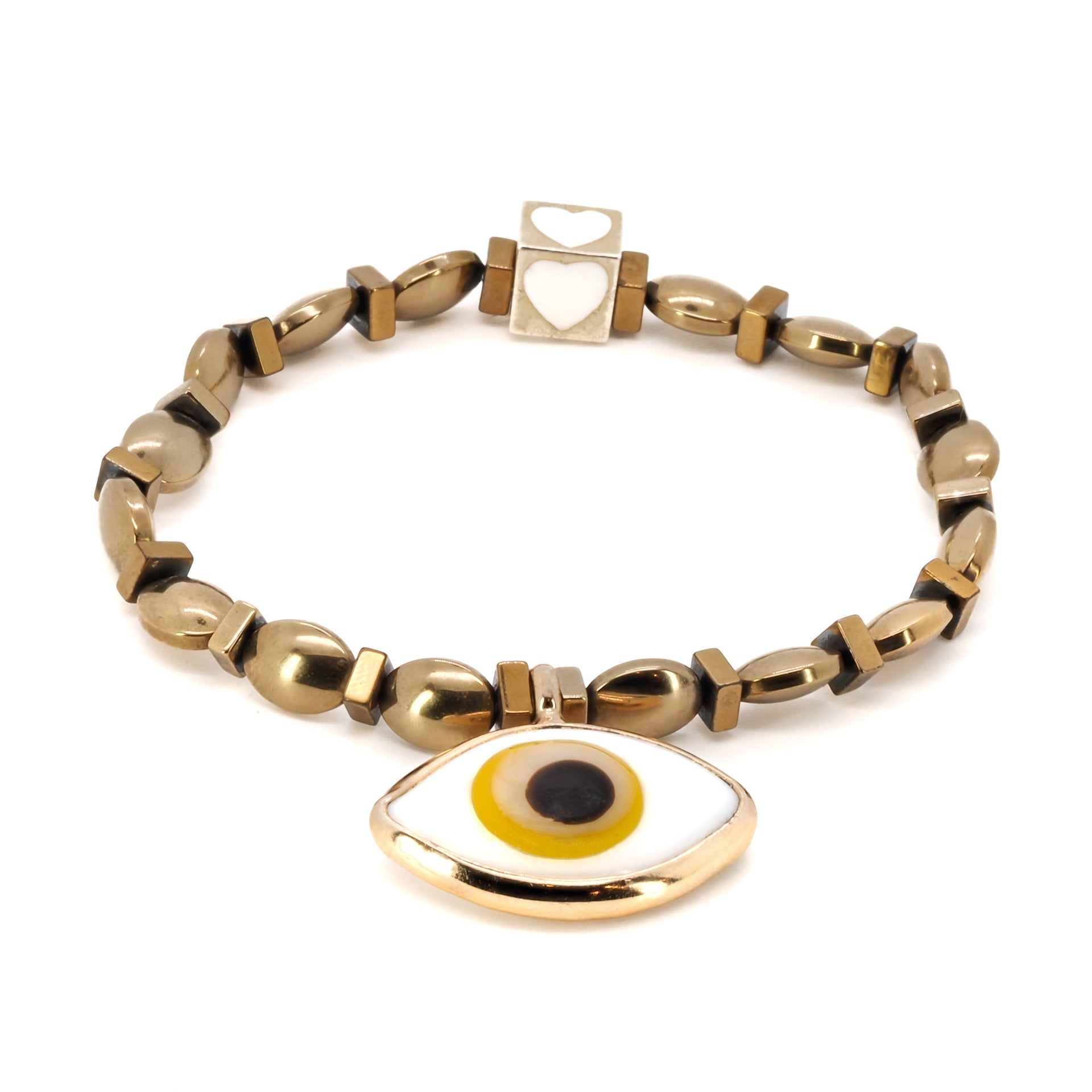 Hematite Stone Yellow Evil Eye Charm Love Bracelet - Gold