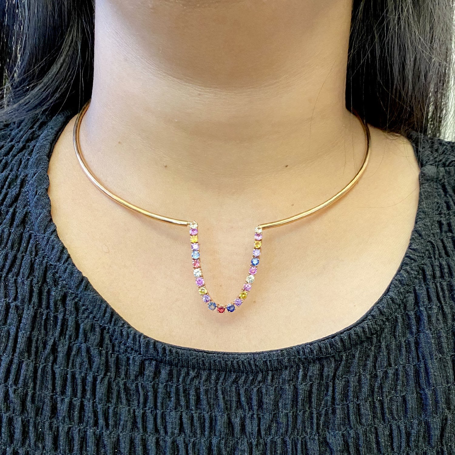 Yellow Gold Cuff Necklace With Multi-Colored Sapphires