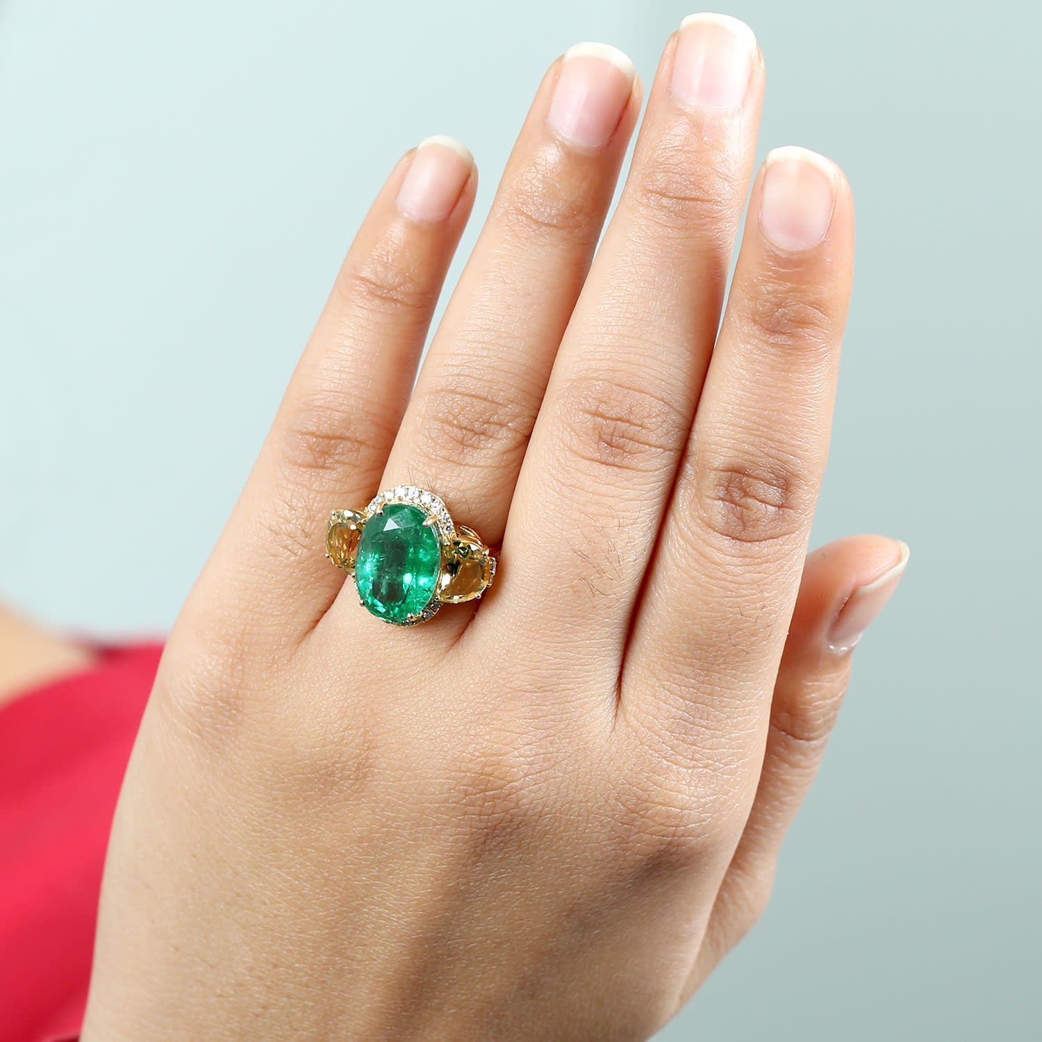 Citrine & Emerald Gemstone Pave Diamond Three Stone Ring In Gold