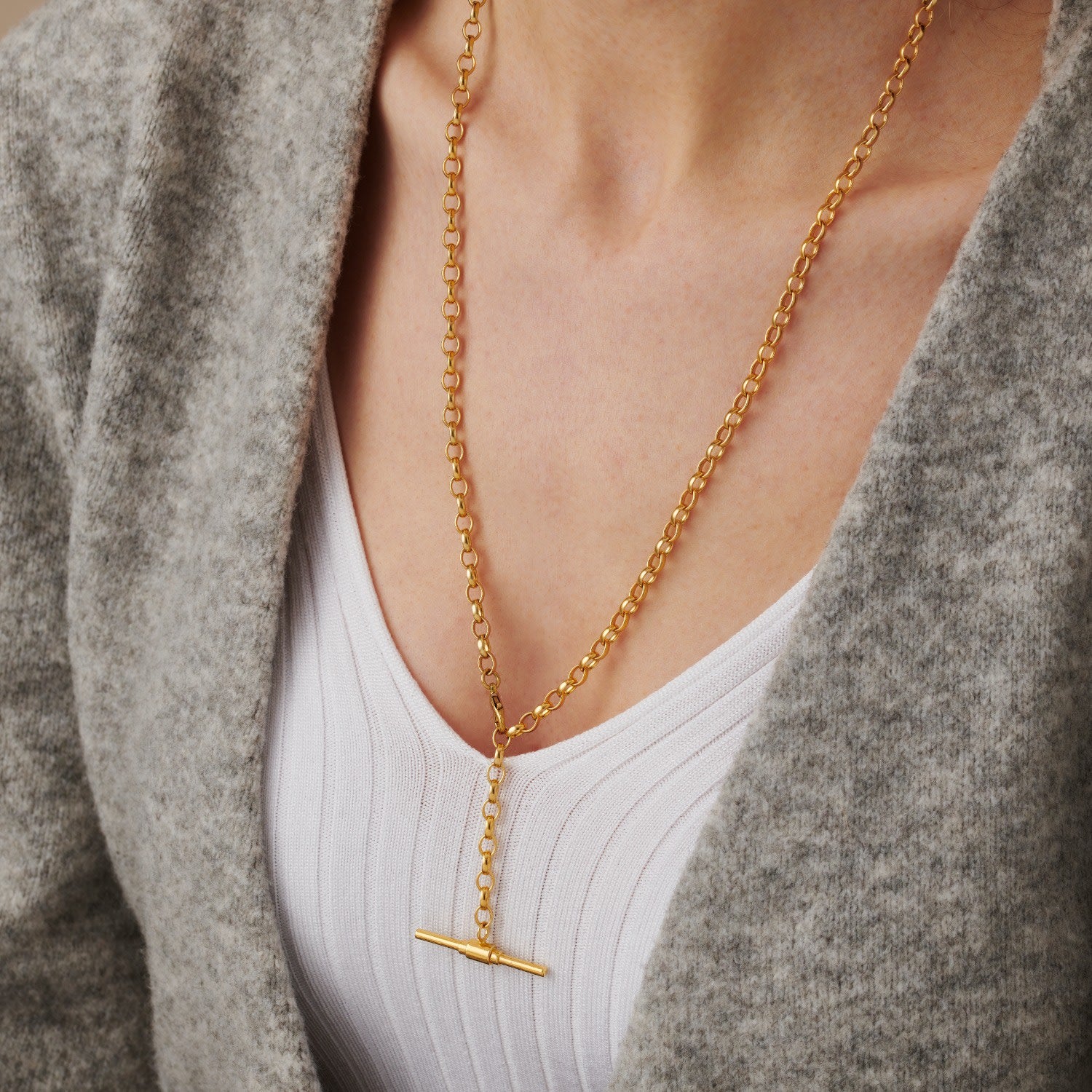 Yellow Gold Plated Chunky Belcher Chain T Bar Lariat Necklace