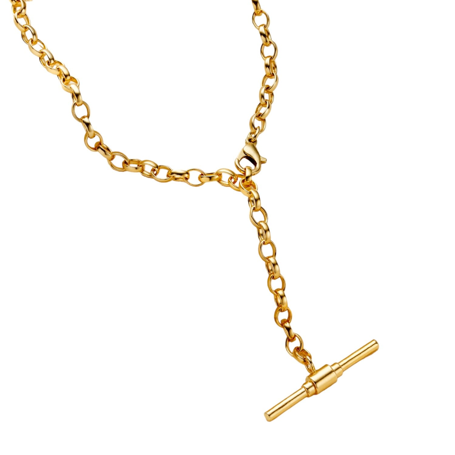 Yellow Gold Plated Chunky Belcher Chain T Bar Lariat Necklace