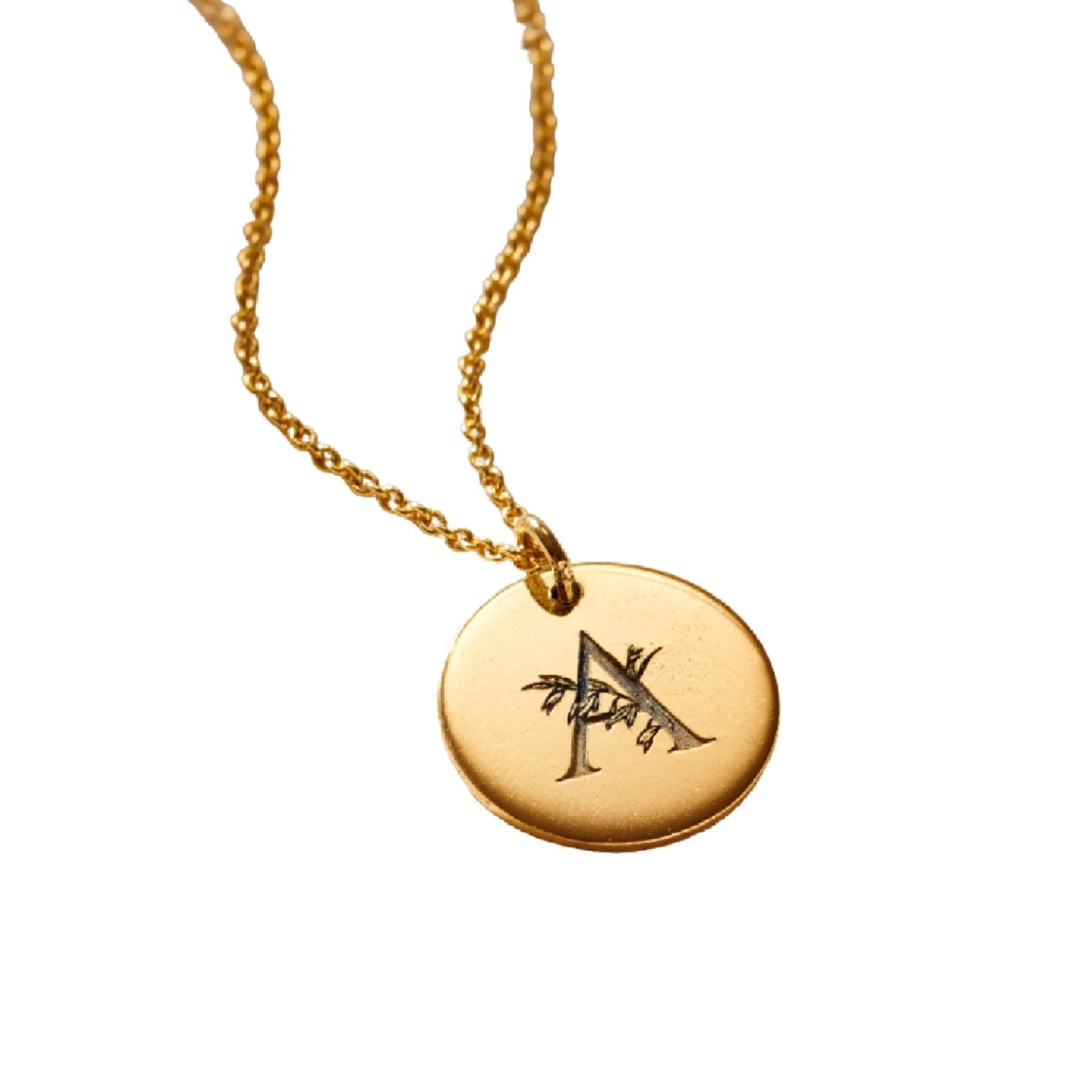 Yellow Gold Plated Floral Engraved Initial Disc Necklace
