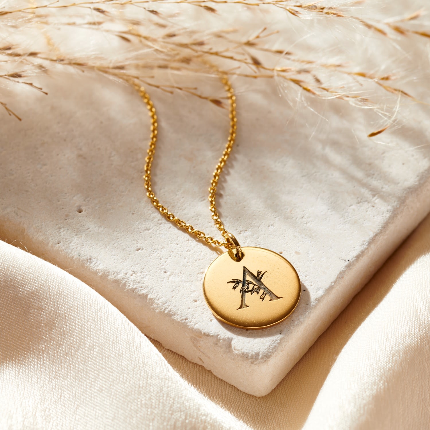 Yellow Gold Plated Floral Engraved Initial Disc Necklace