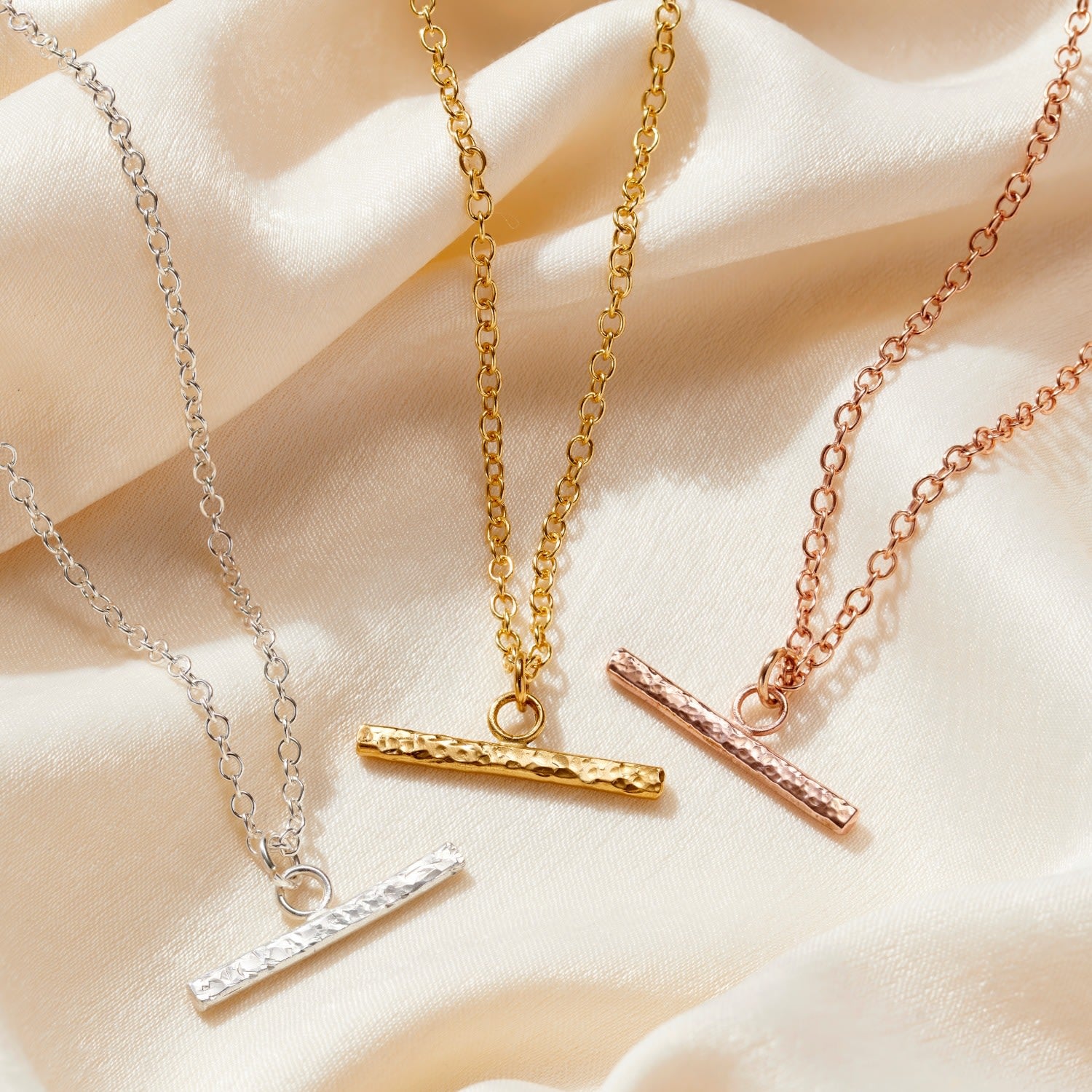 Yellow Gold Plated Textured T Bar Necklace