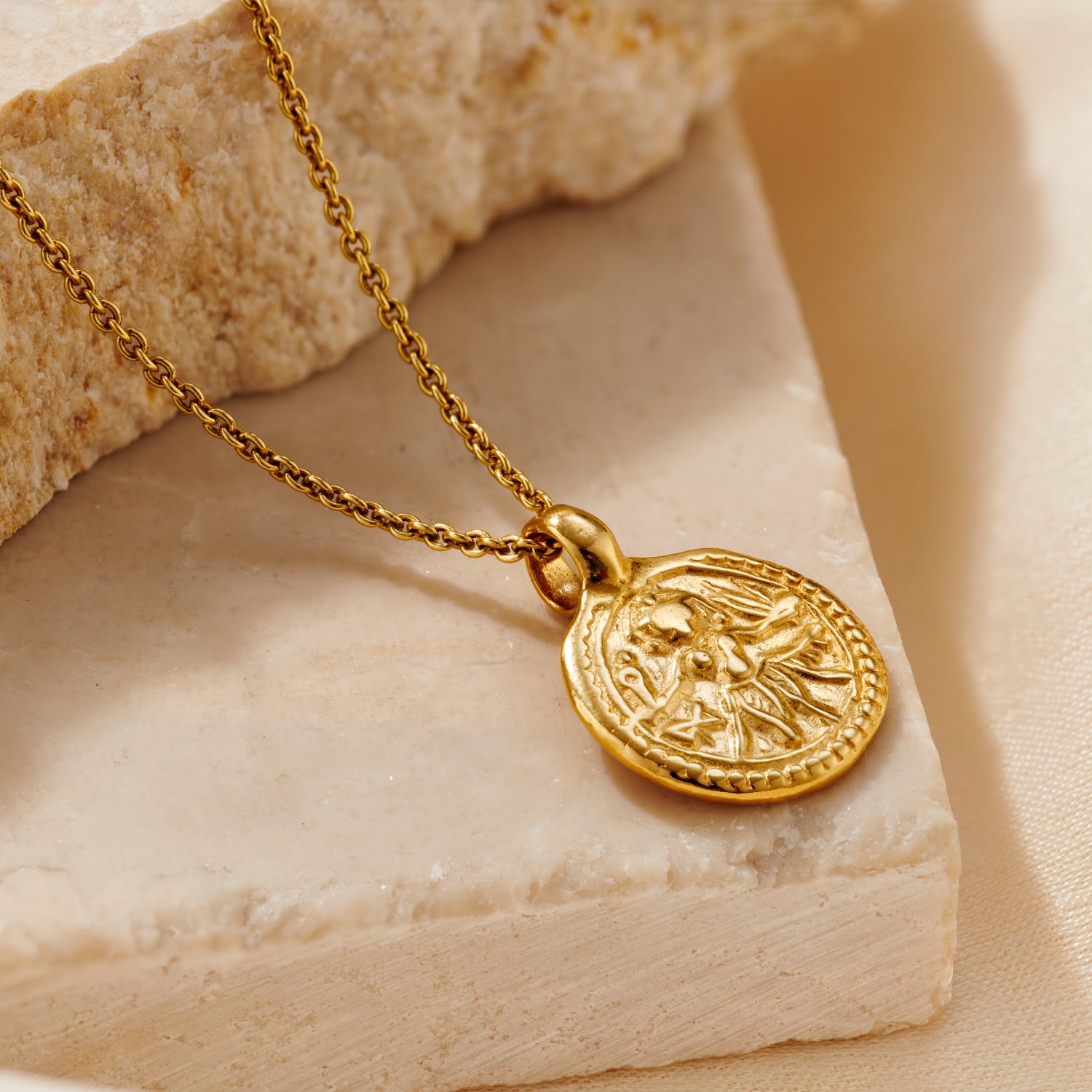 Yellow Gold Plated Vintage Style Circle Lucky Deity Charm Necklace